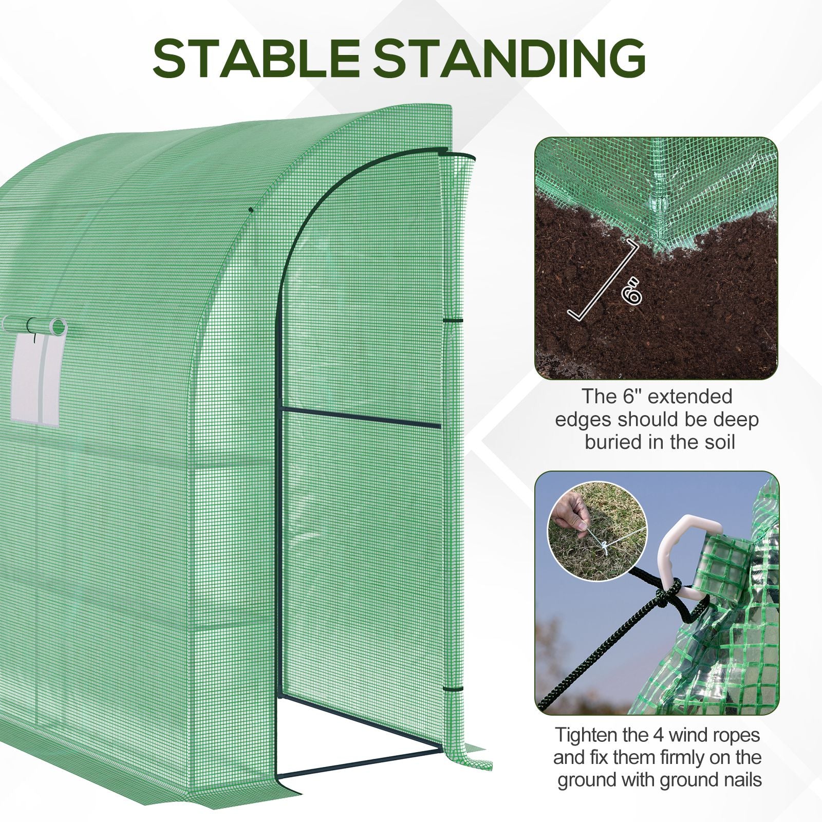 Green walkin greenhouse with a rollup zippered door for easy garden access