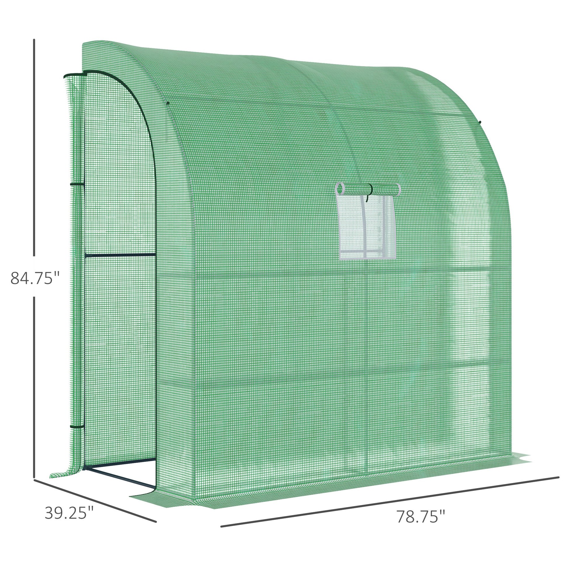 Green walkin greenhouse with rollup door and a small window for ventilation