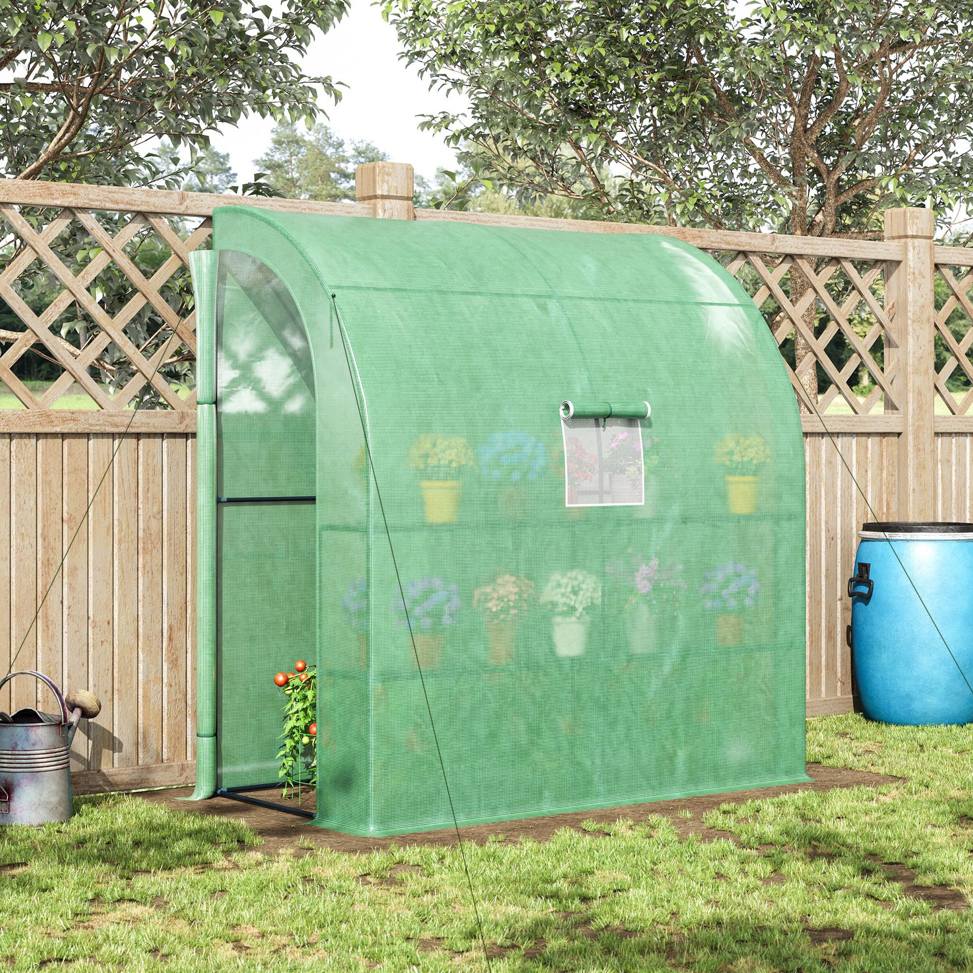 Green walkin greenhouse with tomato plant and watering can