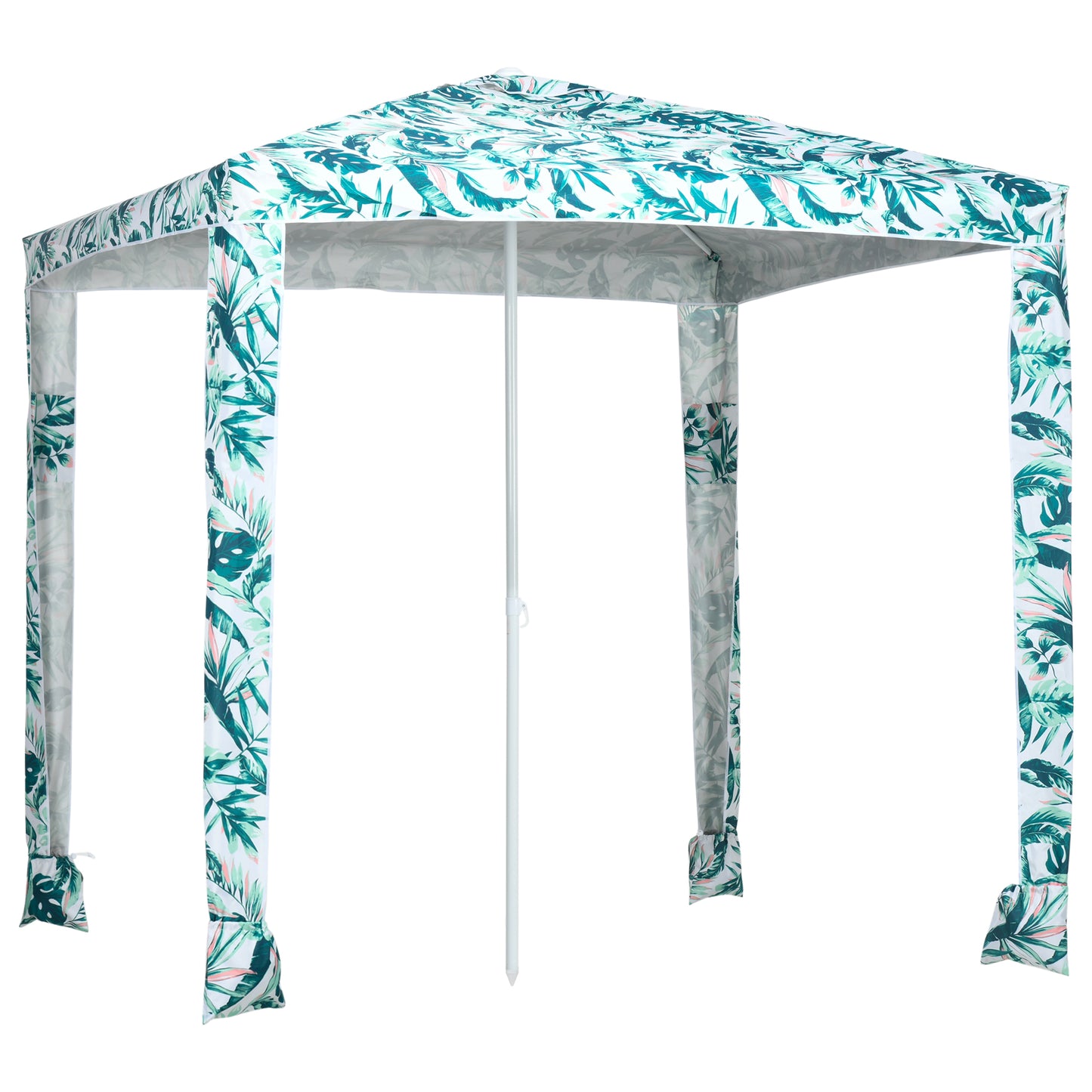 White outdoor canopy with tropical leaf print and central pole