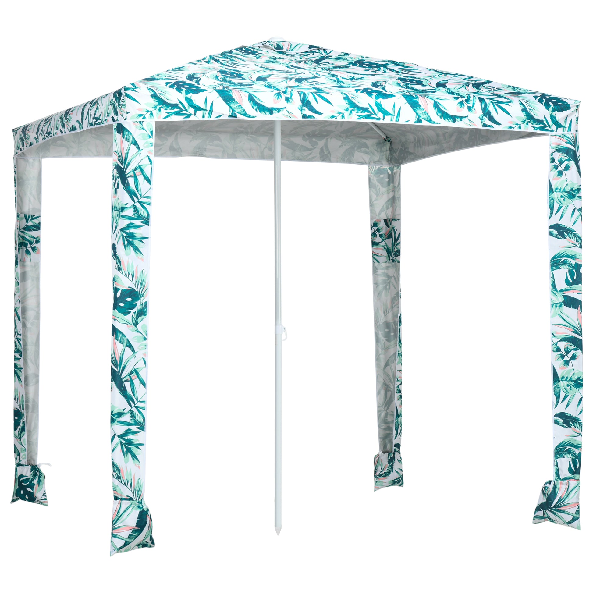 White outdoor canopy with tropical leaf print and central pole