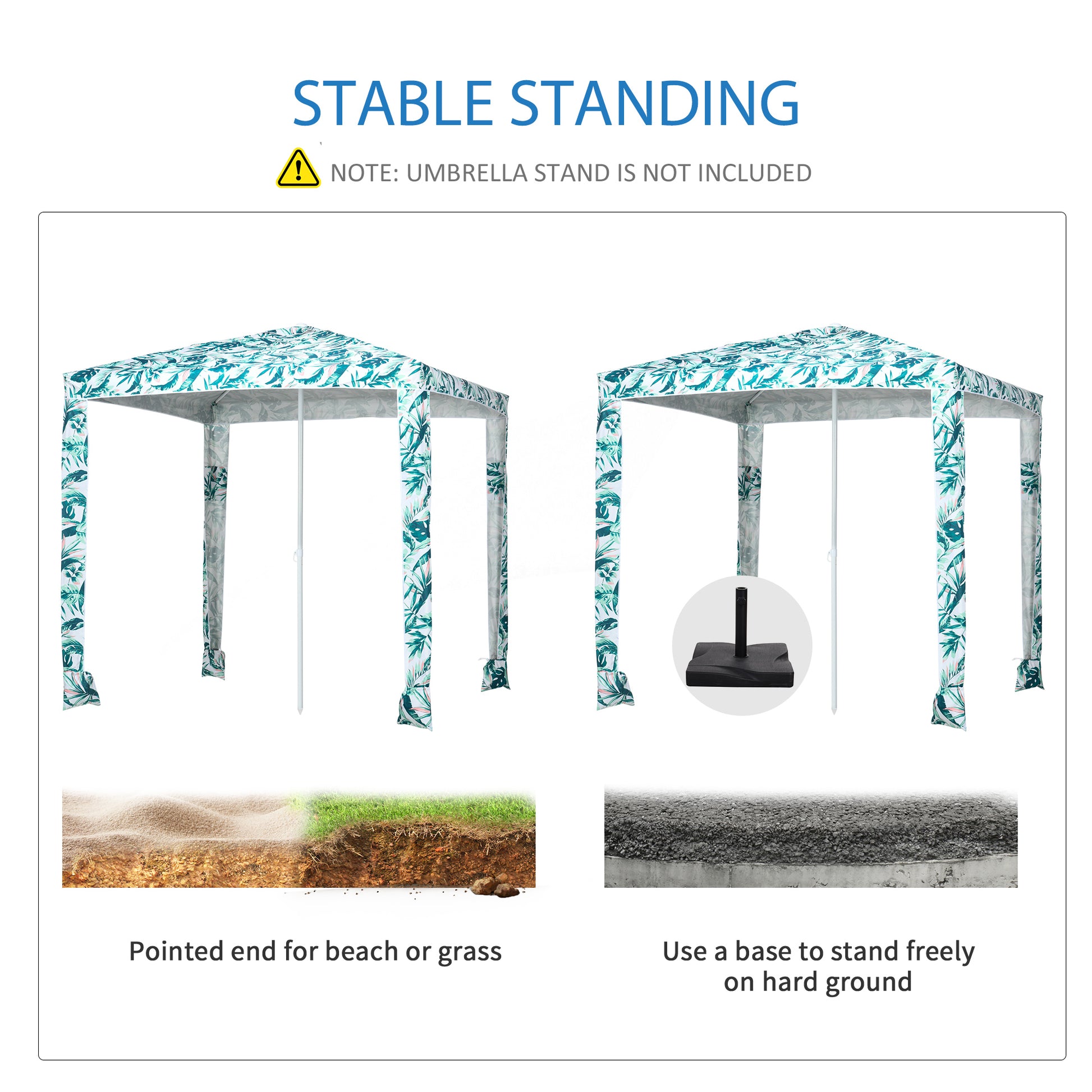 Leafprint canopy tent with pointed base for beach or grass