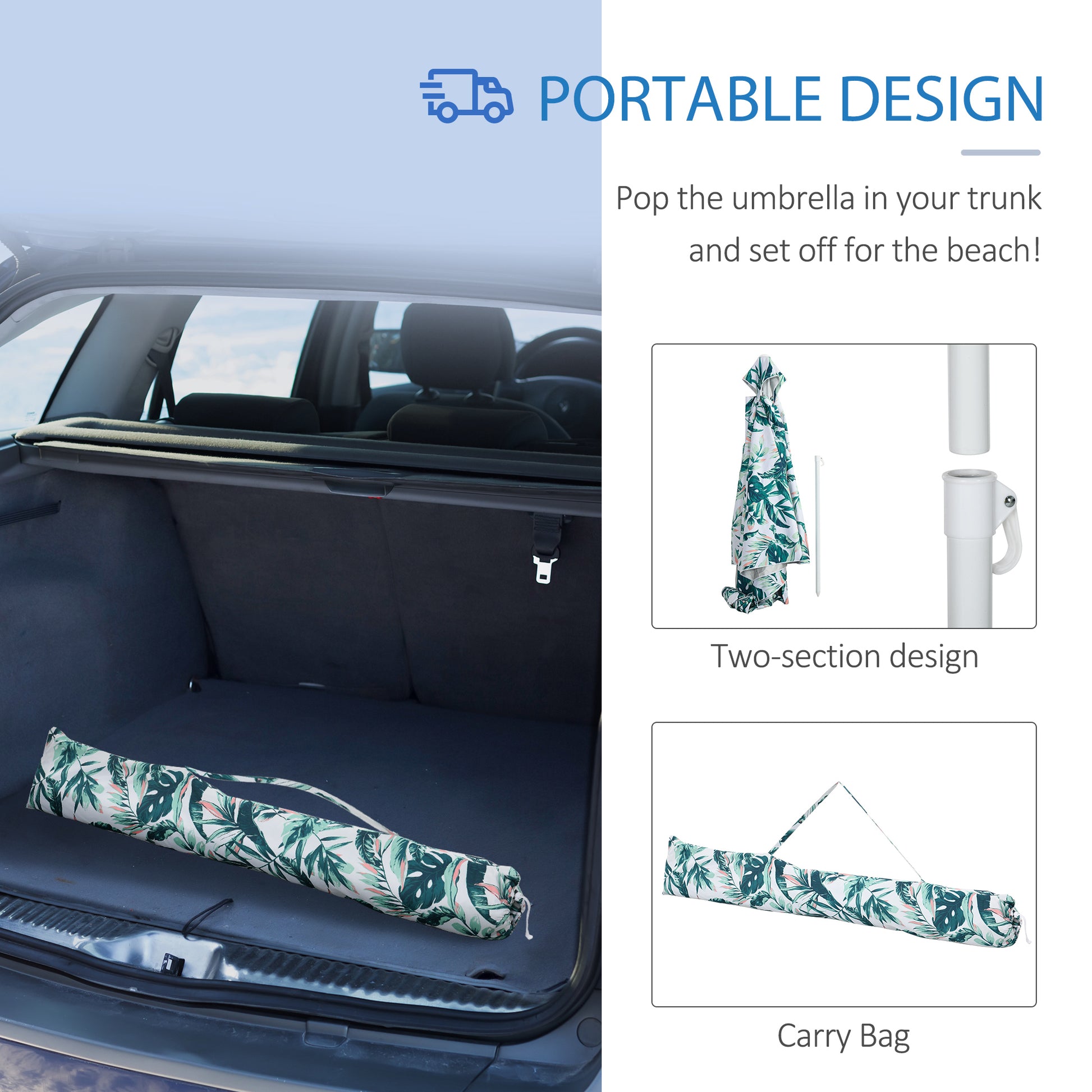 Tropical print umbrella carry bag green leaves and pink accents stored in car trunk