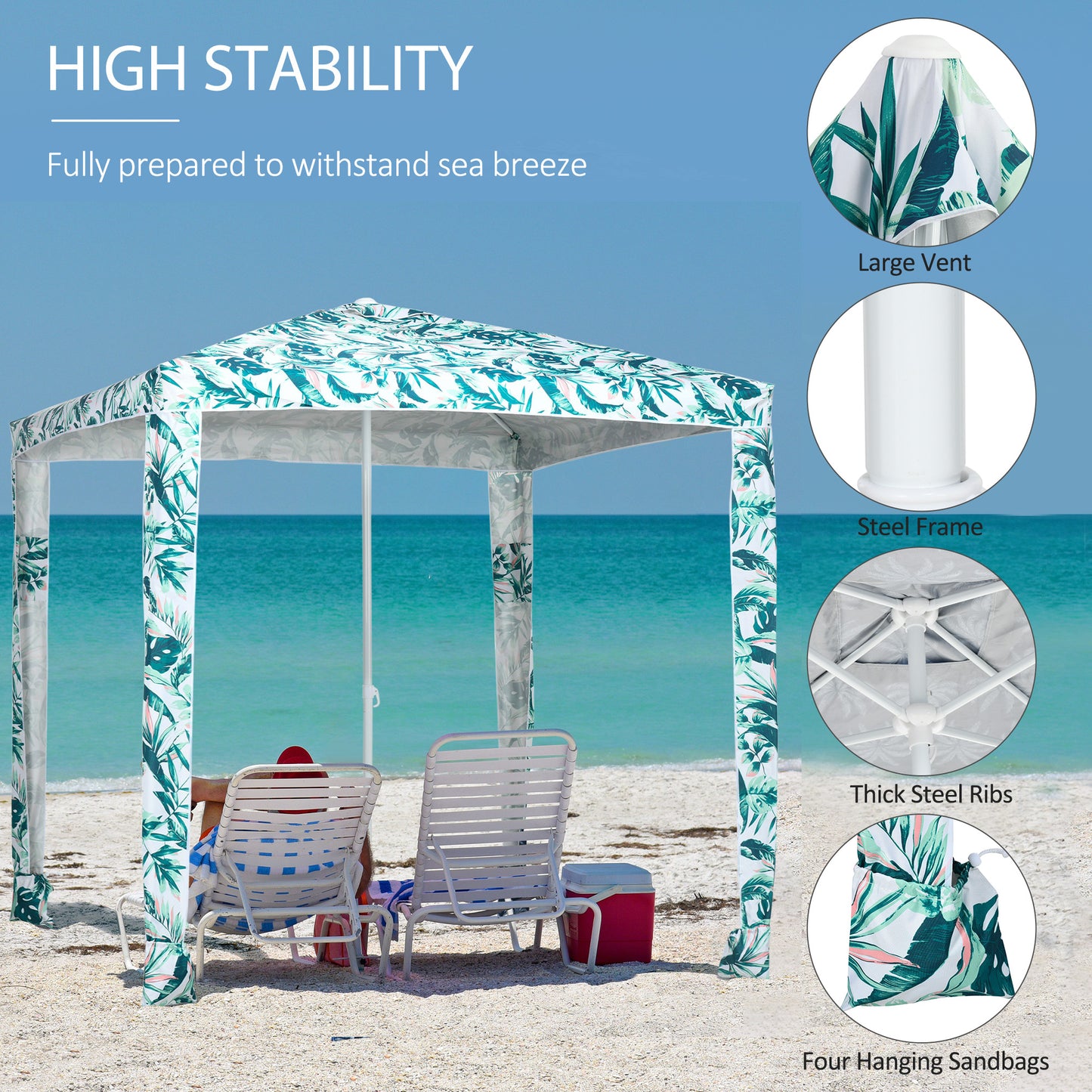 Beach tent with tropical leaf print and large vent for airflow