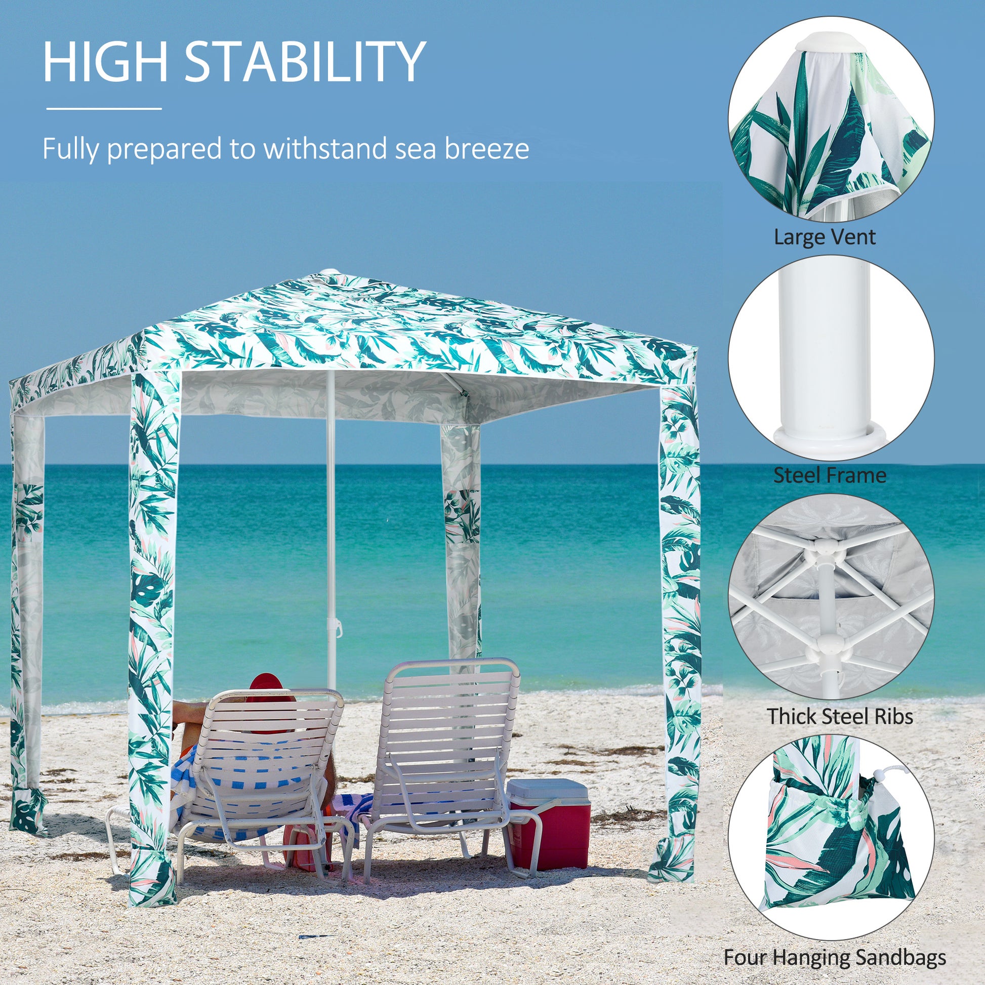Beach tent with tropical leaf print and large vent for airflow