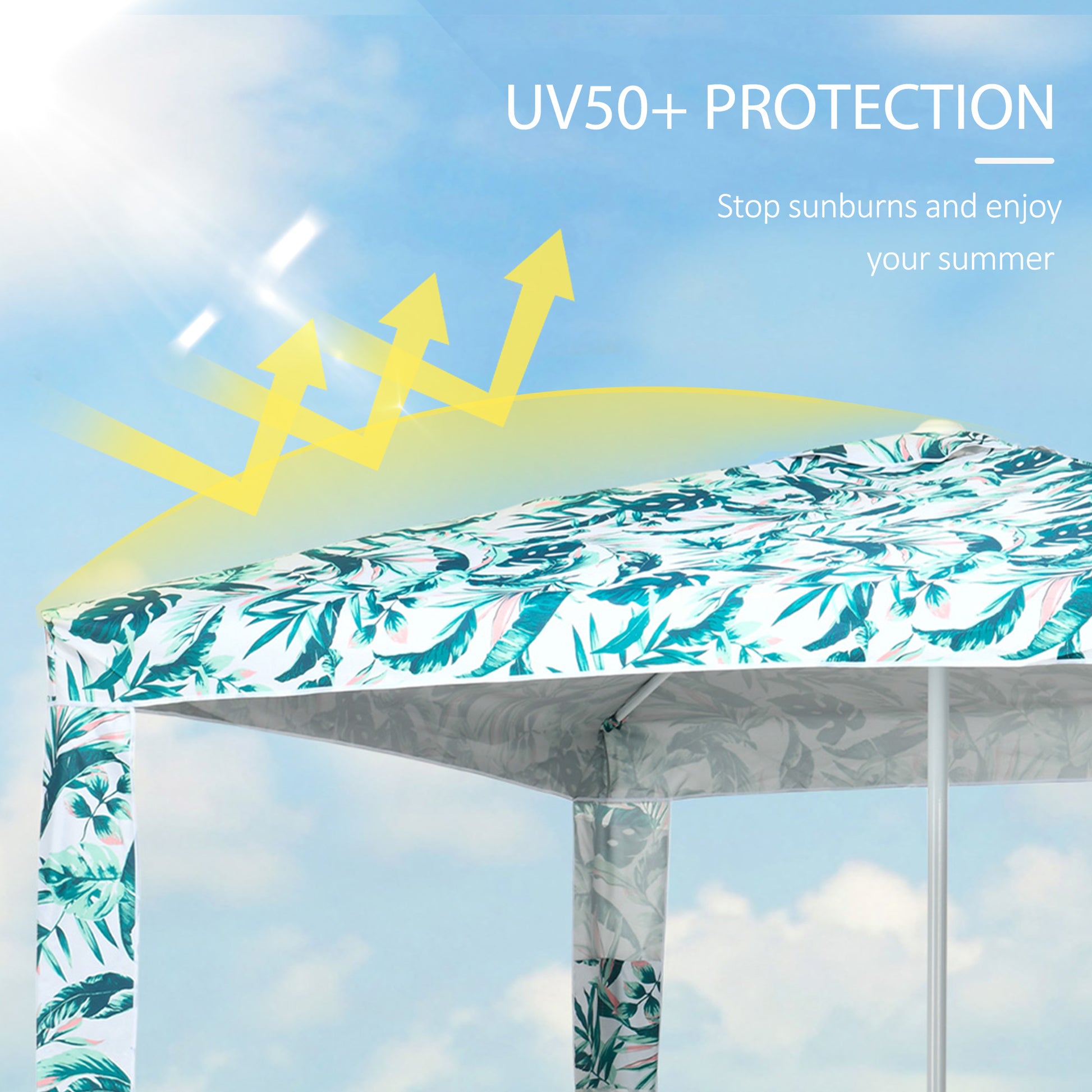 Tropical print canopy beach tent with UV protection