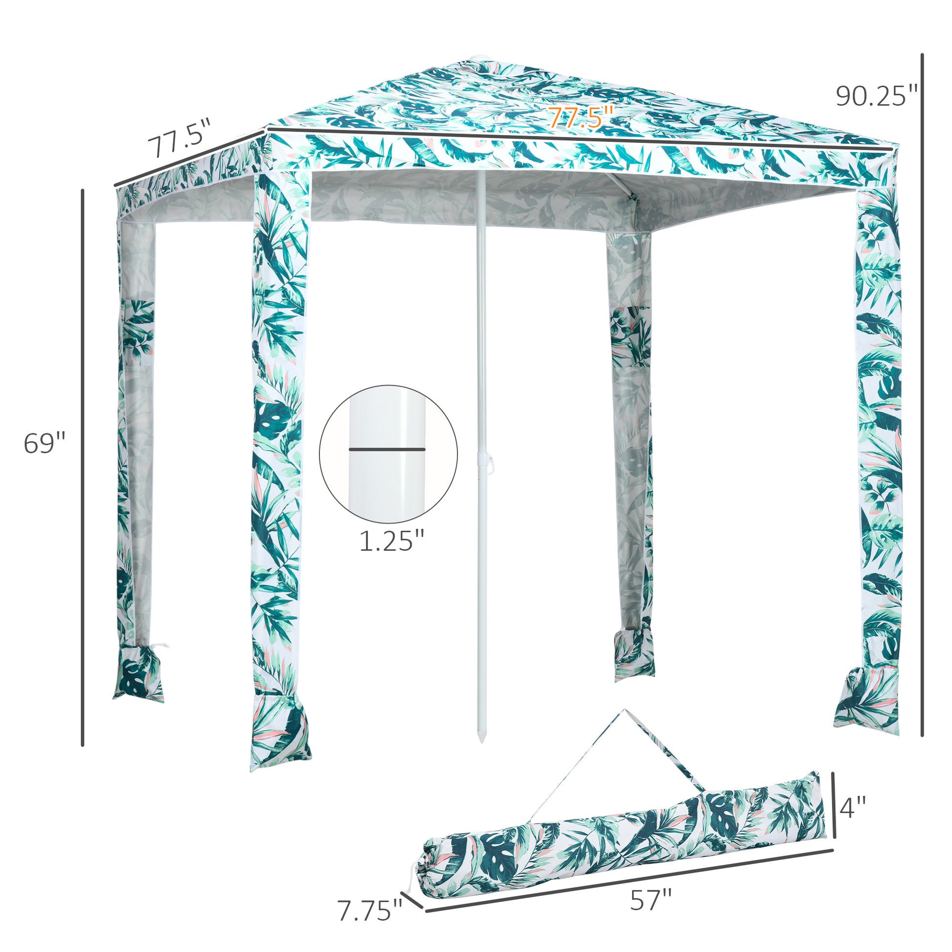 Tropical print beach canopy with pole  wide for sun protection