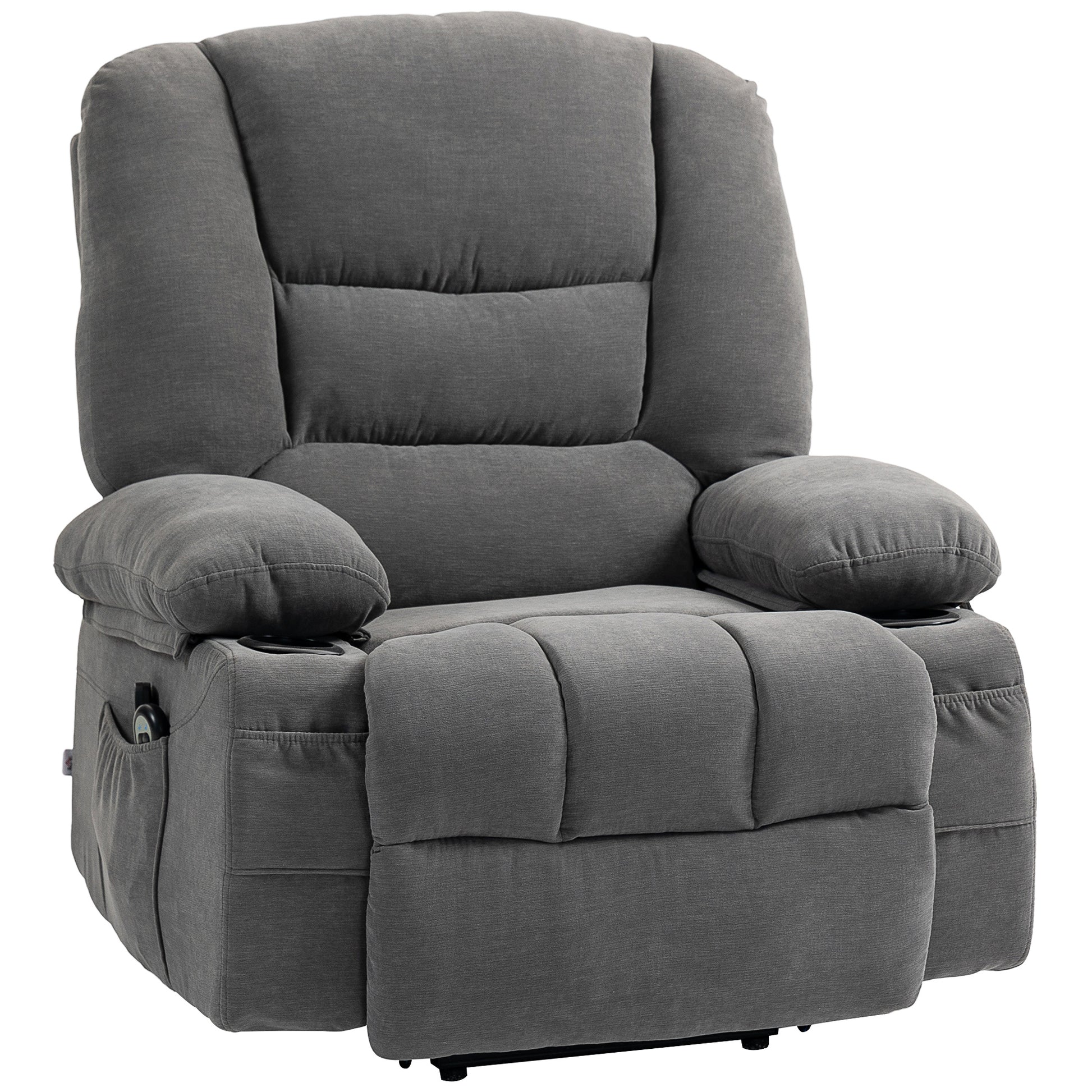 Comfortable gray fabric power lift recliner with side pocket and cup holder