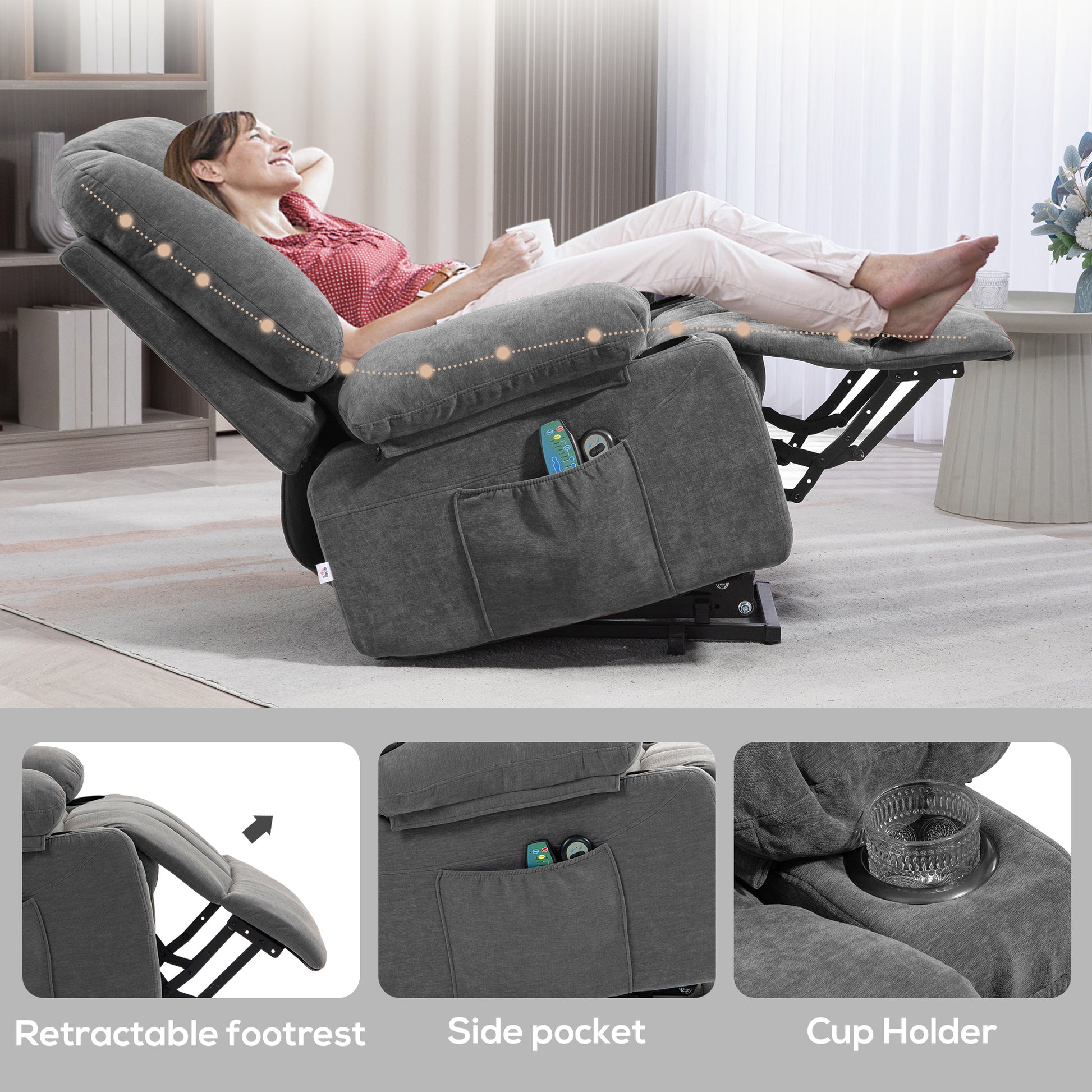 Dark grey fabric recliner chair with retractable footrest and side pockets