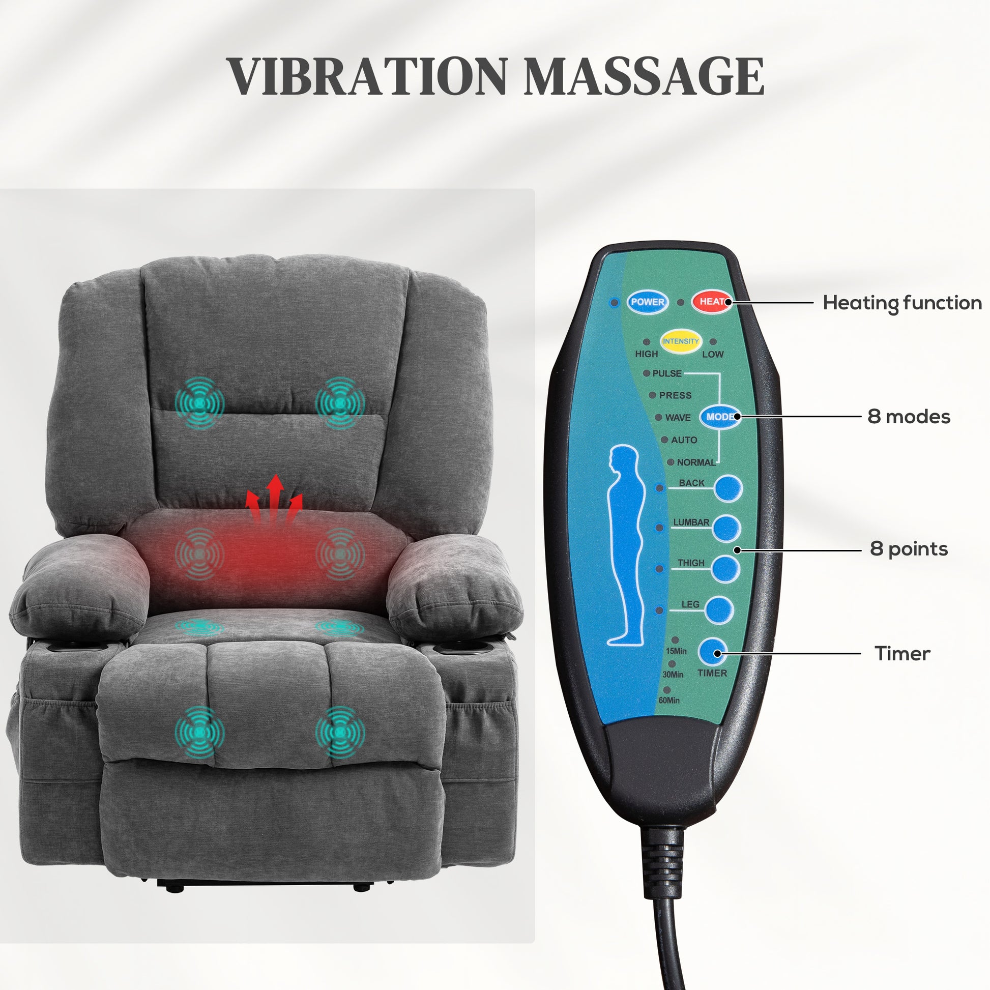 Gray upholstered massage recliner chair with builtin heating and vibration features