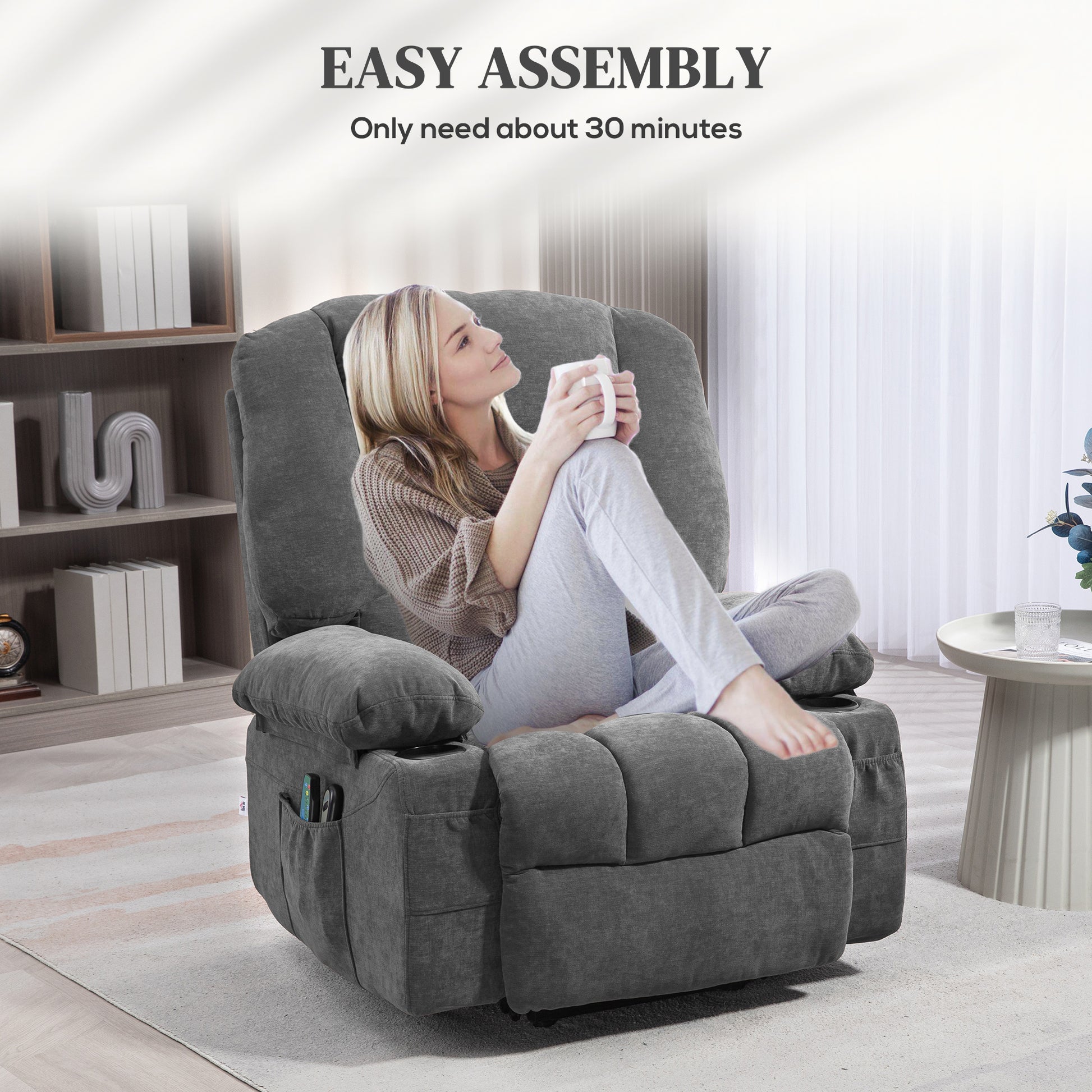 Gray fabric recliner chair with side pockets and cup holder featuring a woman relaxing