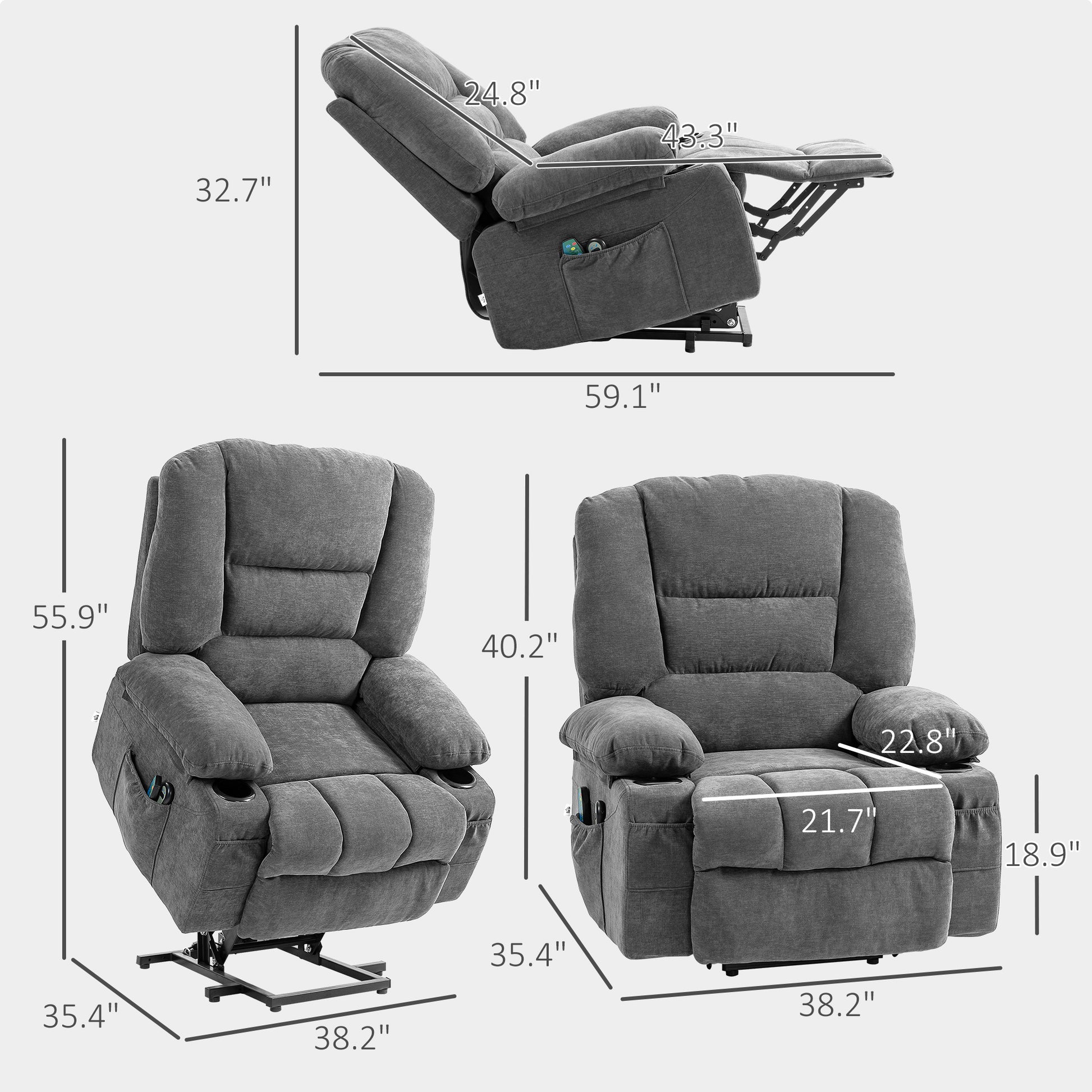 Gray upholstered electric lift recliner with side pocket and cup holder