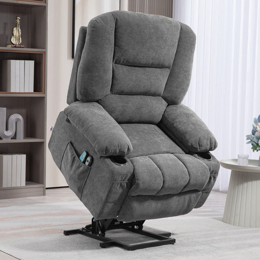 Plush gray fabric lift recliner chair with side pocket cup holders and remote
