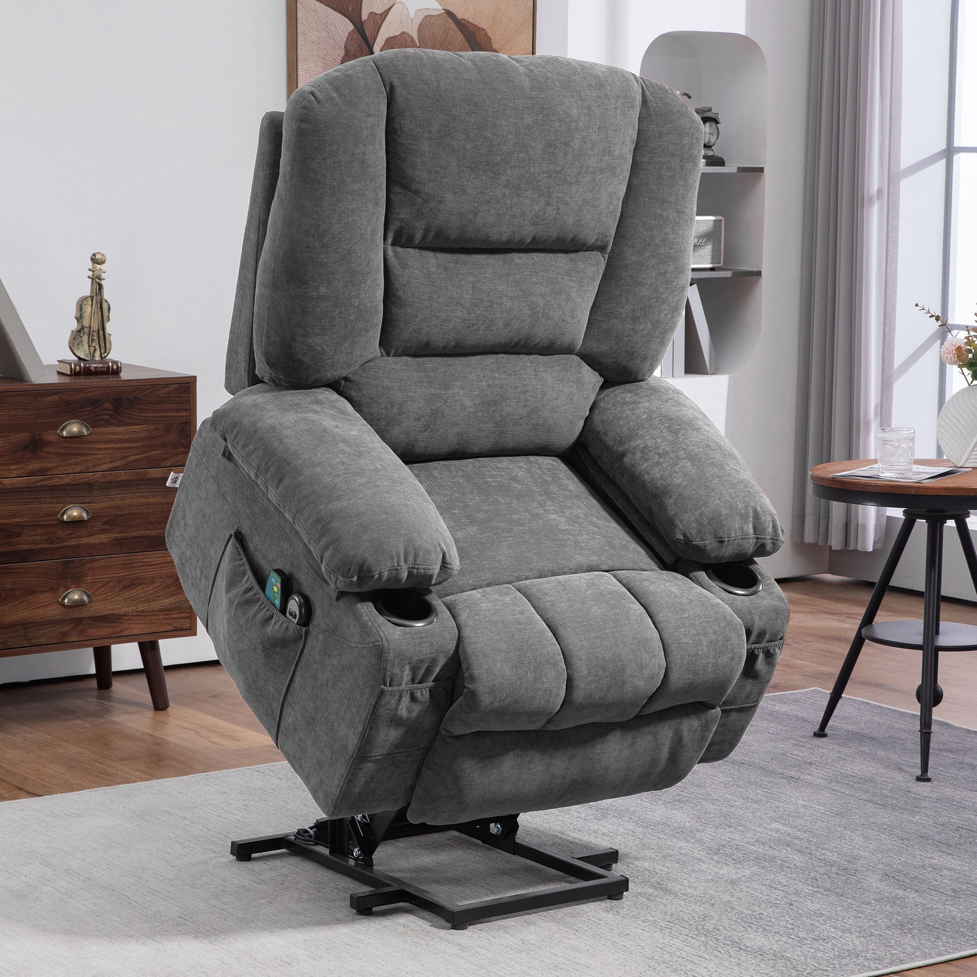 Gray fabric power lift recliner chair with cup holders and side pocket