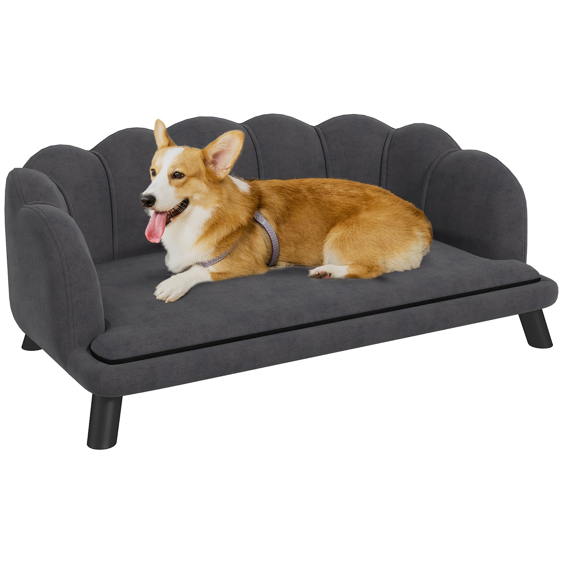 Pembroke Welsh Corgi rests on a plush grey dog sofa with scalloped edges