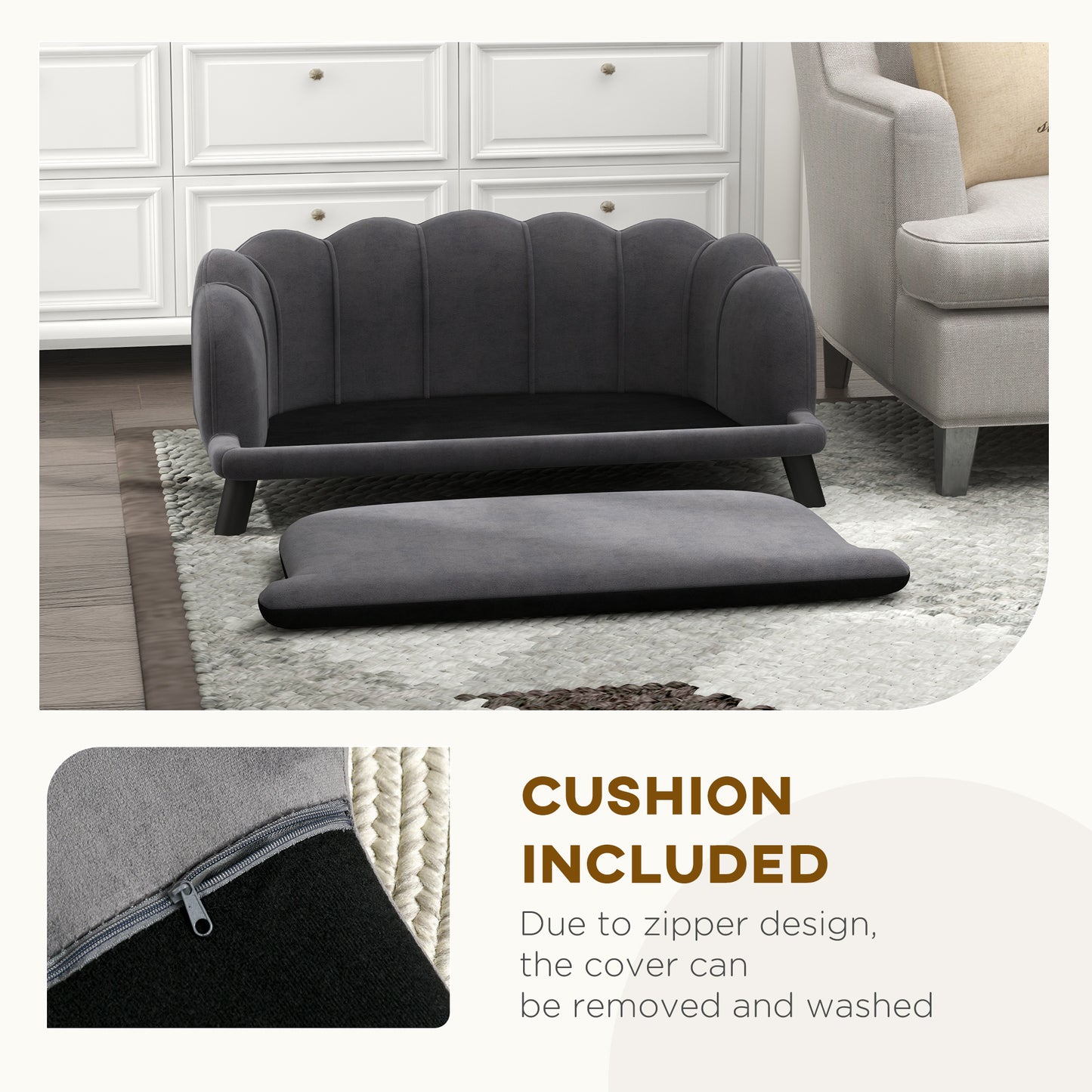Dark gray velvet pet sofa with scalloped back and removable cushion