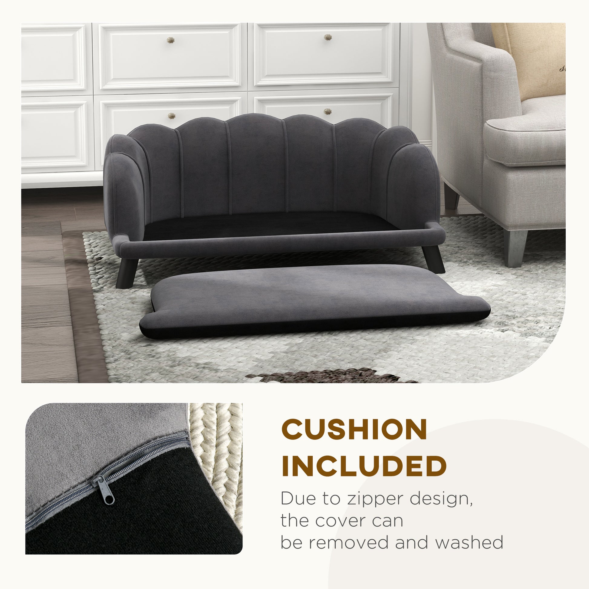 Dark gray velvet pet sofa with scalloped back and removable cushion