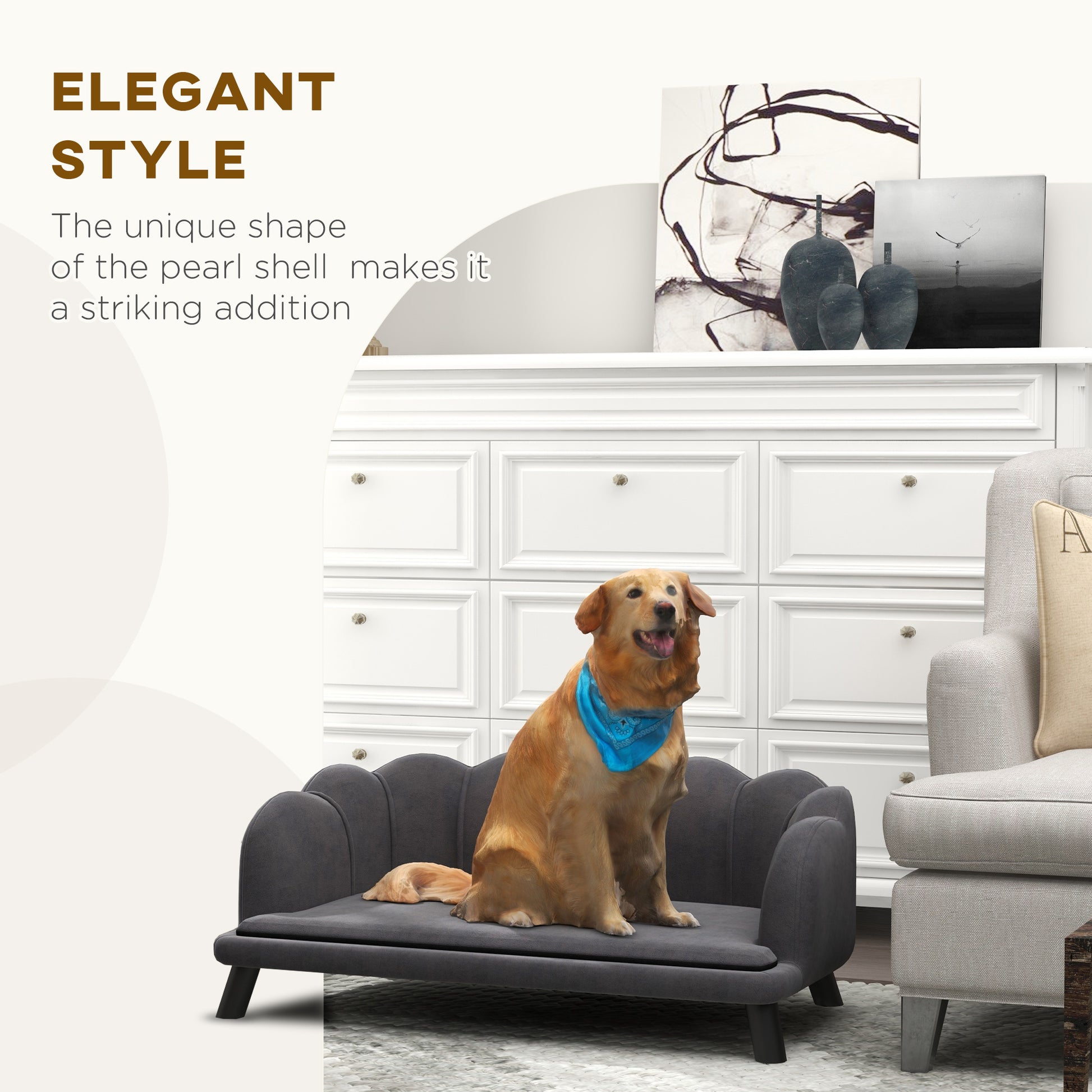 Dark grey velvet pet sofa with scalloped edges featuring a golden retriever wearing a blue bandana
