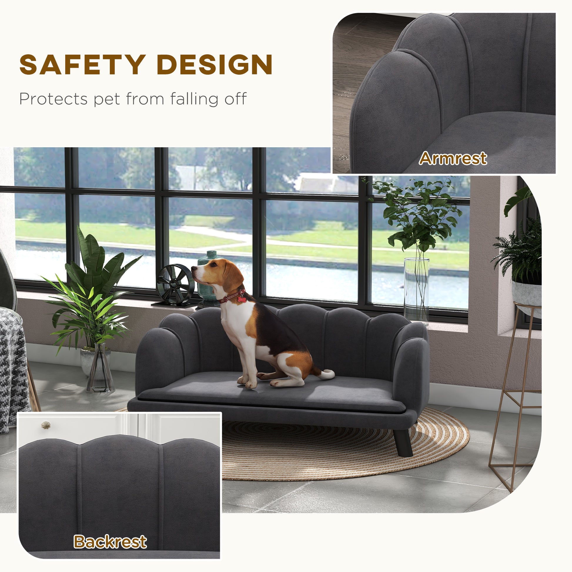 Stylish grey velvet pet sofa with plush cushioning and raised armrests for comfort and safety