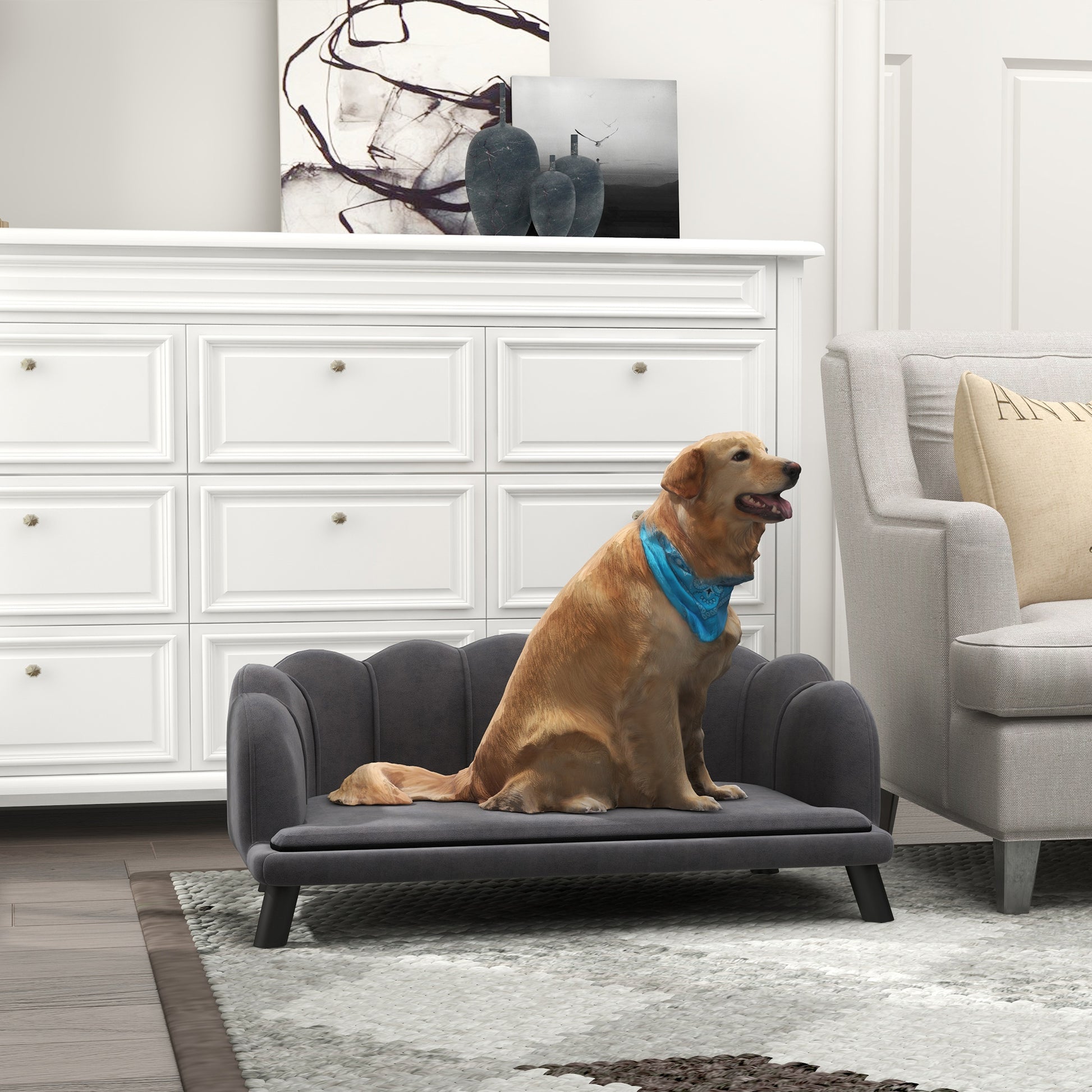 Dark gray velvet pet sofa with a scalloped design perfect for small to medium dogs