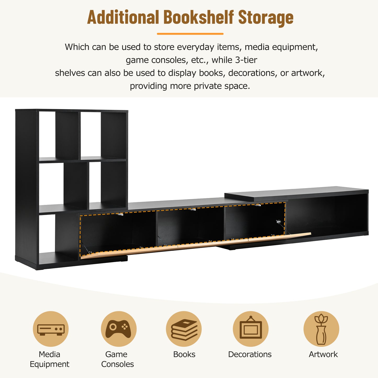 Black modular bookshelf unit with open and closed storage compartments