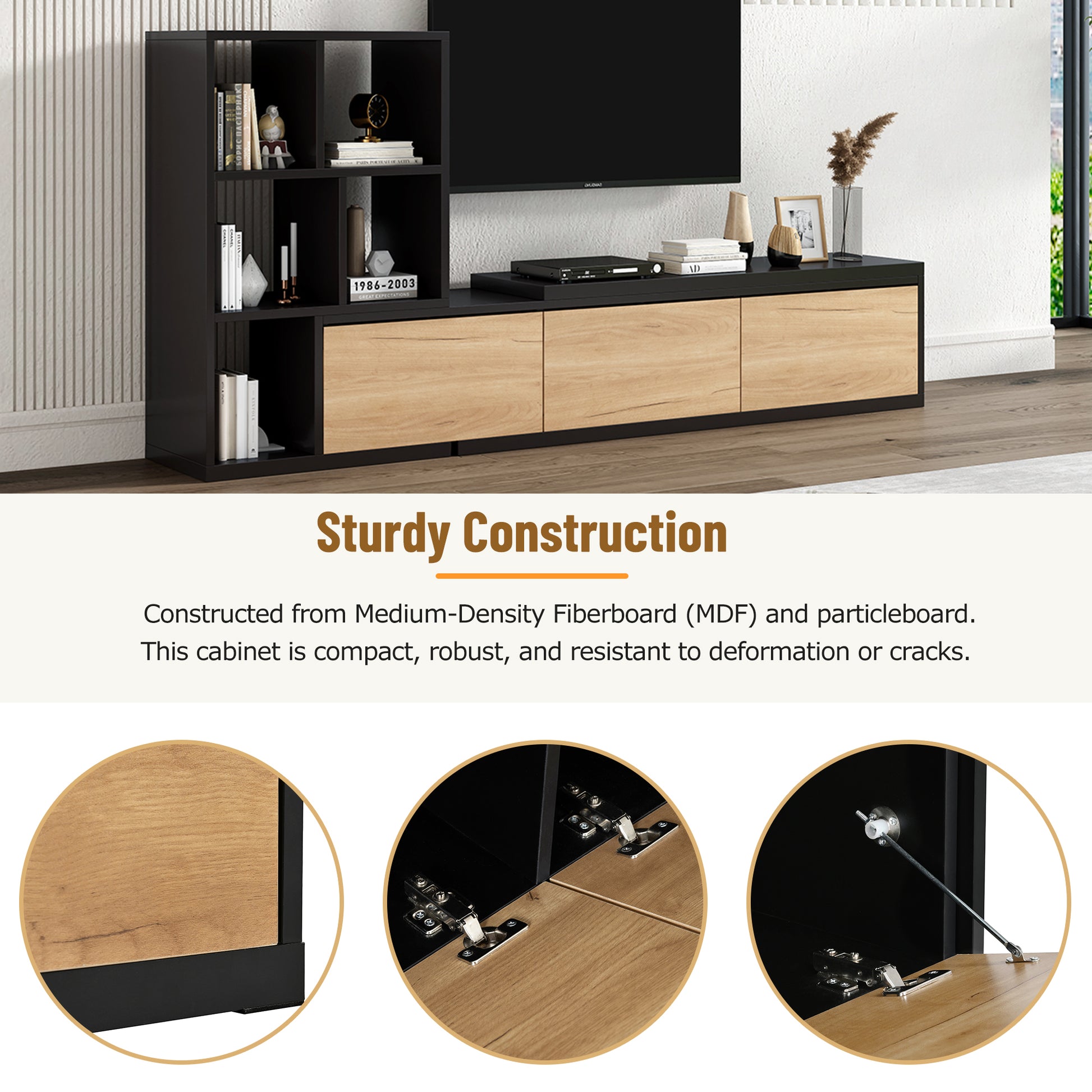 Black and oak modern media console with open shelving and three drawers