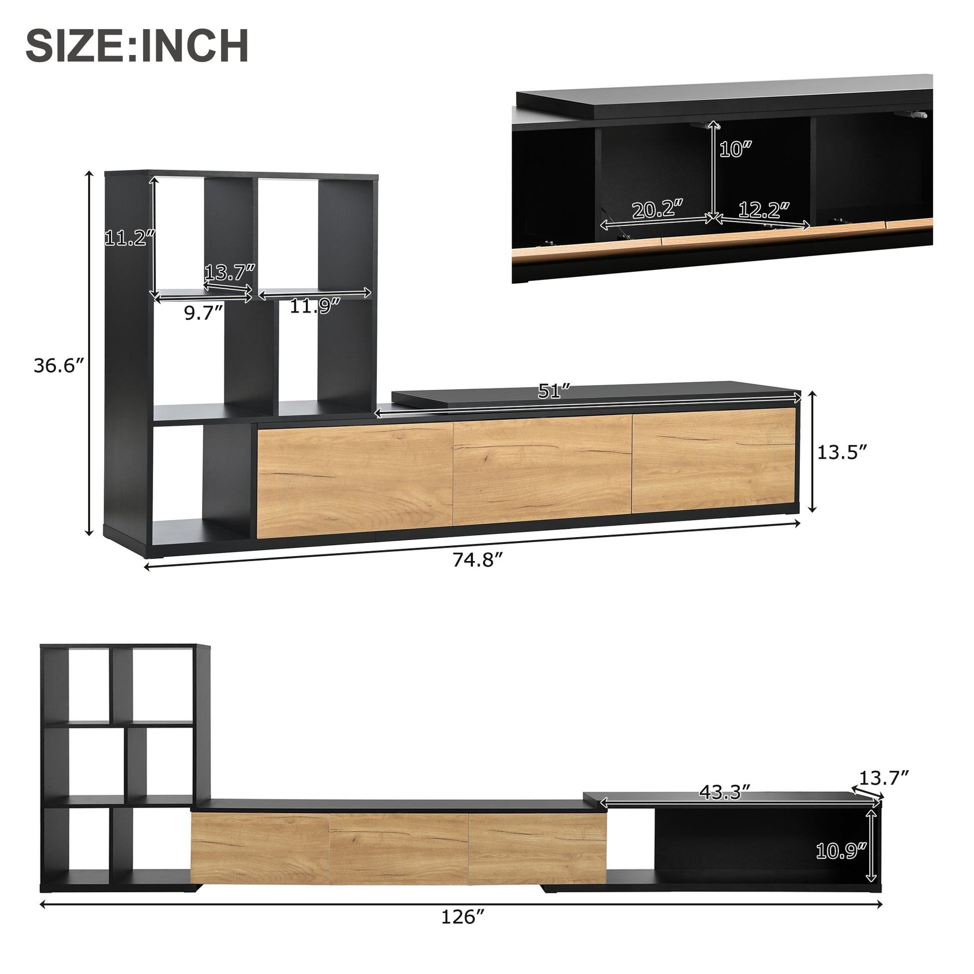 Modern black TV stand with light wood drawer fronts offering ample storage for media consoles