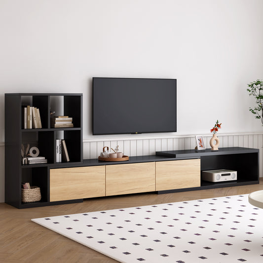 Modern black and oak TV stand with open shelves and drawers