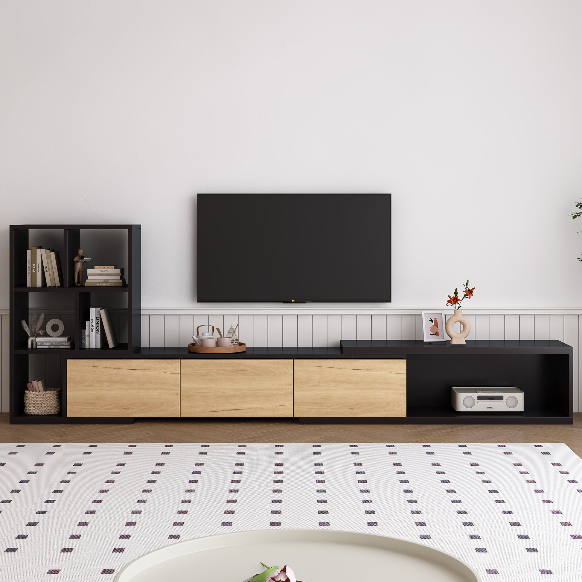 Black and natural wood media console with open shelving and drawers