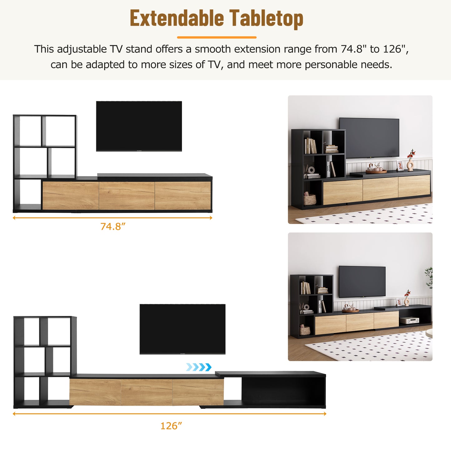 Black and natural wood extendable TV stand at  inches