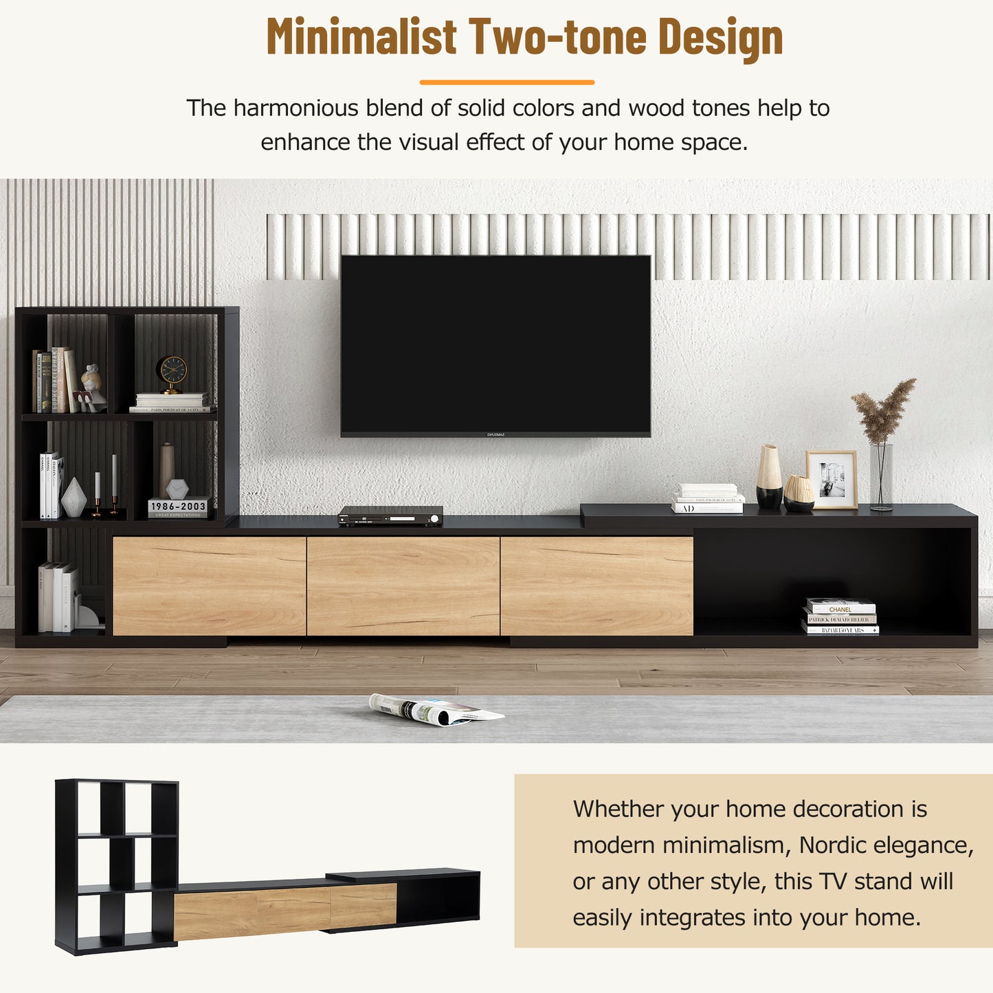 Modern black and oak TV stand with open shelving and drawers for media consoles