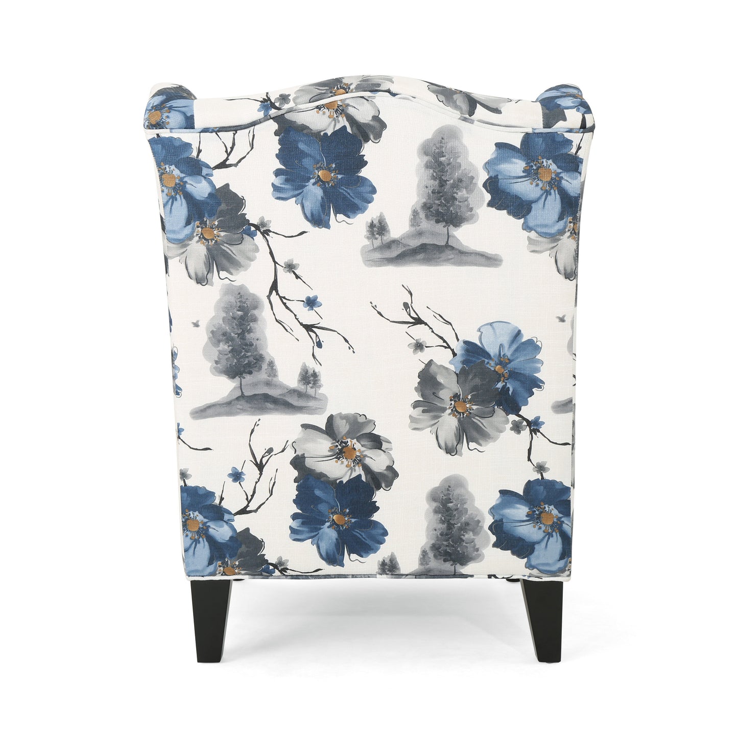 Elegant accent chair with a blue floral pattern and dark wood legs ideal for living rooms