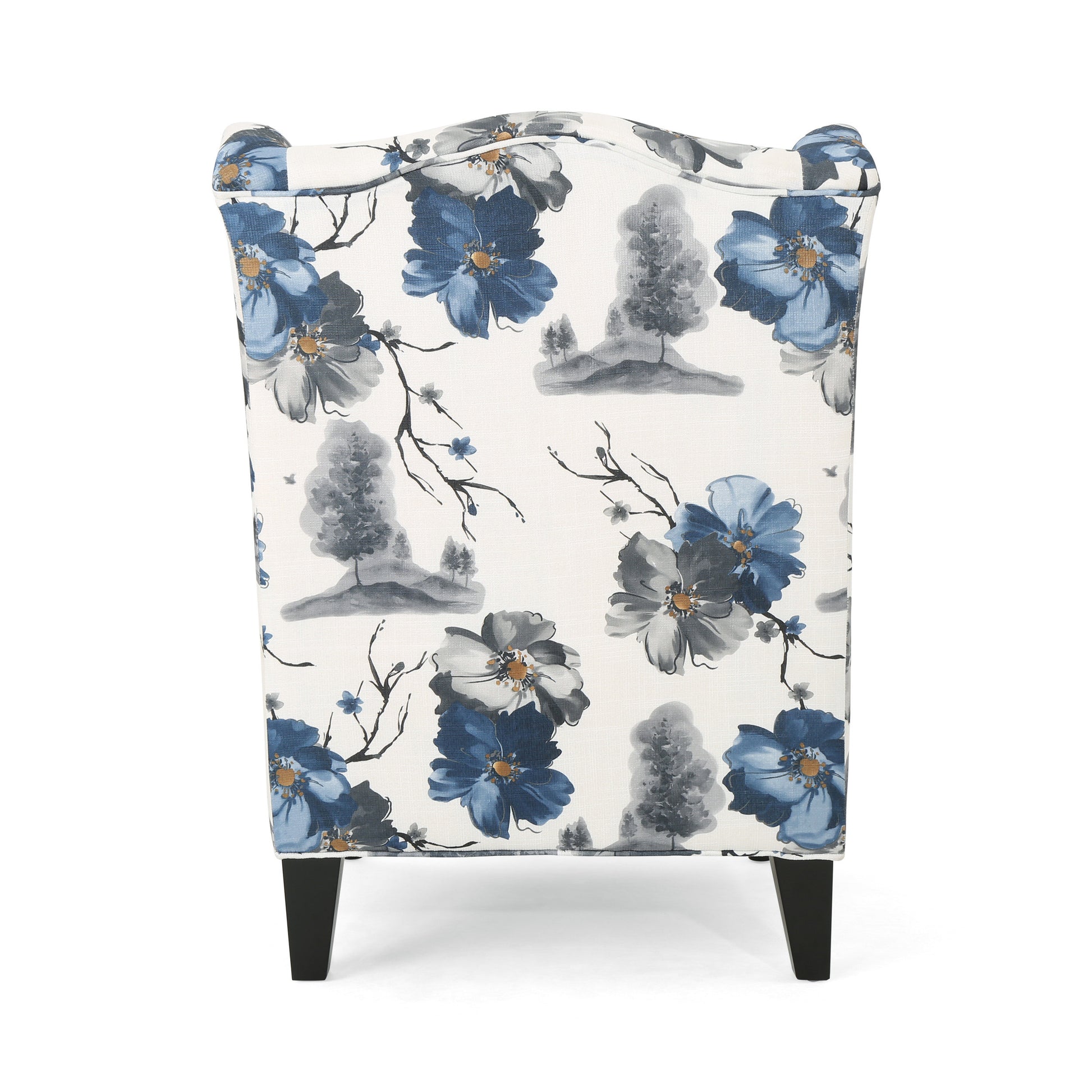 Elegant accent chair with a blue floral pattern and dark wood legs ideal for living rooms
