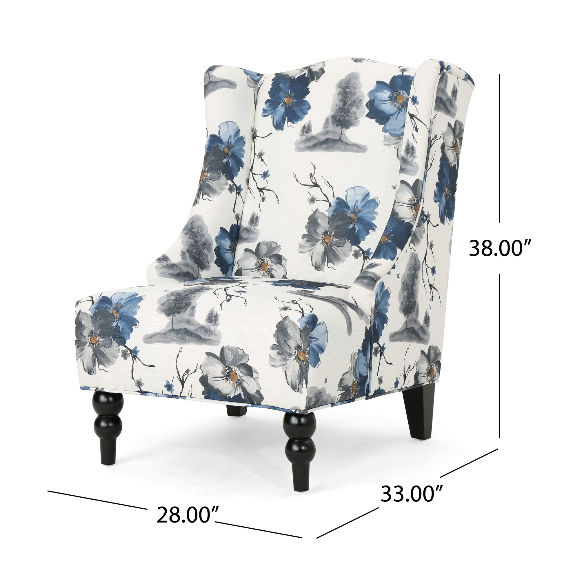 White wingback chair with blue floral pattern and black turned legs