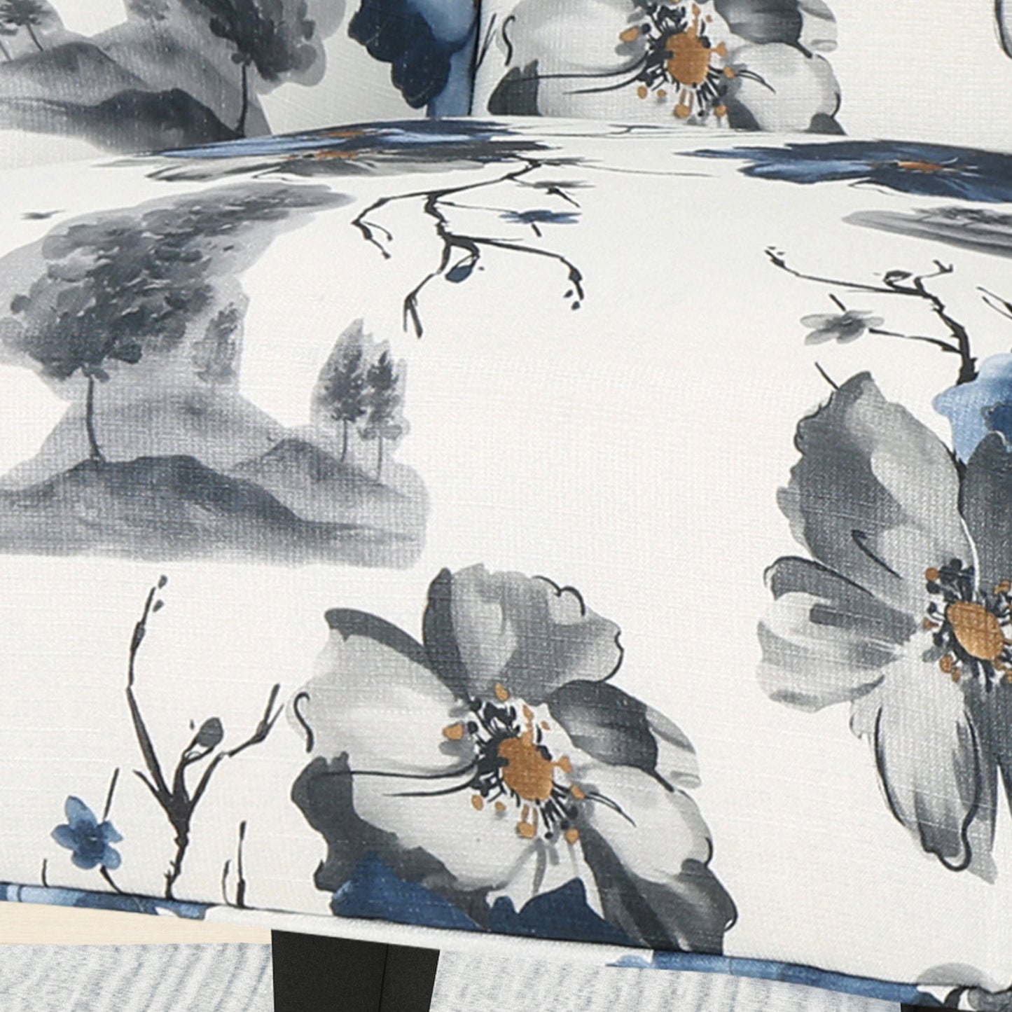 White armchair fabric with watercolor floral and landscape pattern