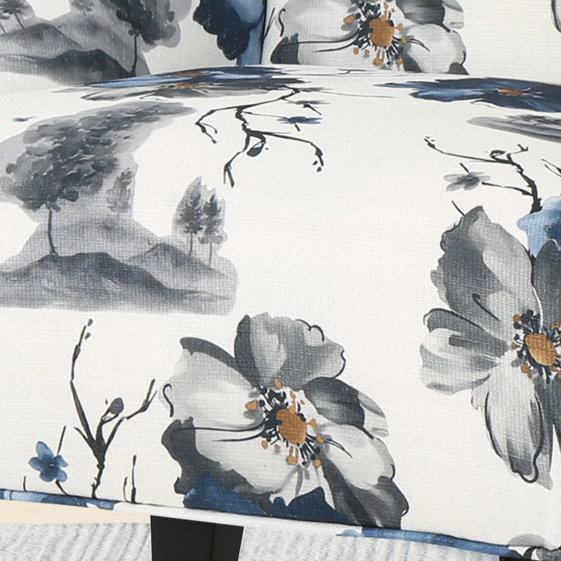 White armchair fabric with watercolor floral and landscape pattern
