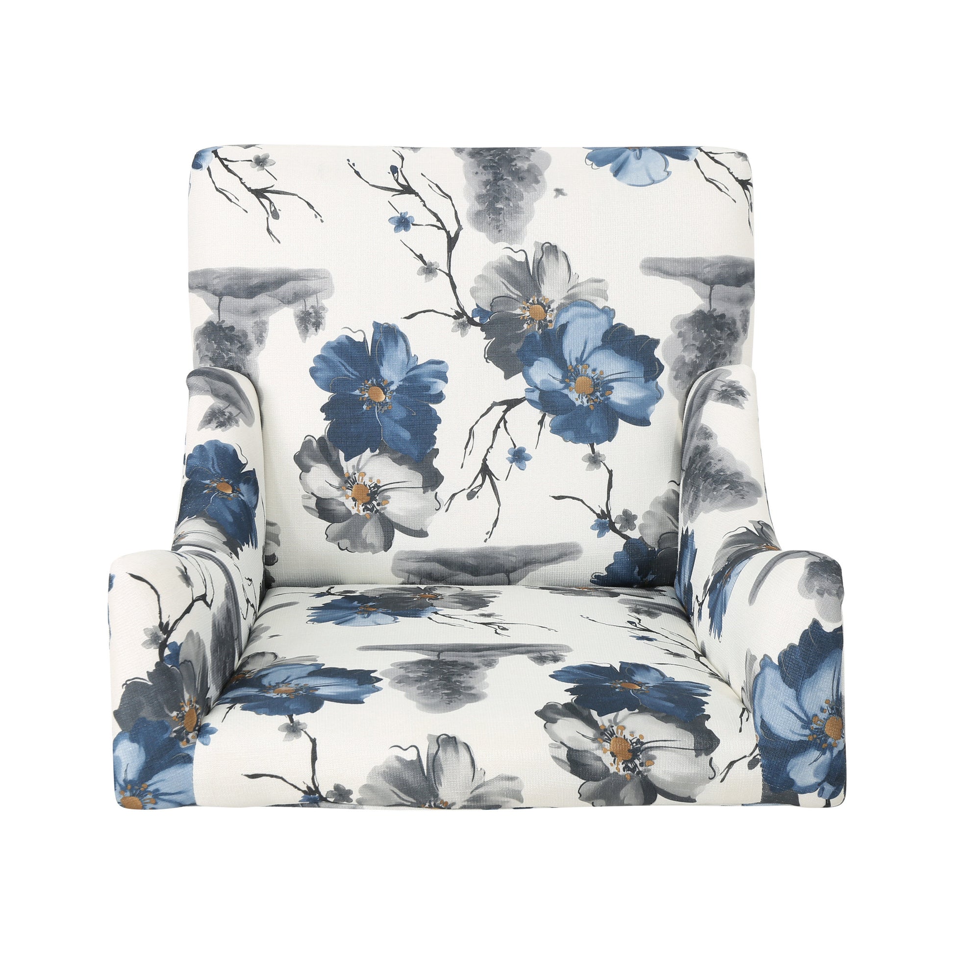 White armchair with blue and gray floral print featuring a wingback design and plush upholstery
