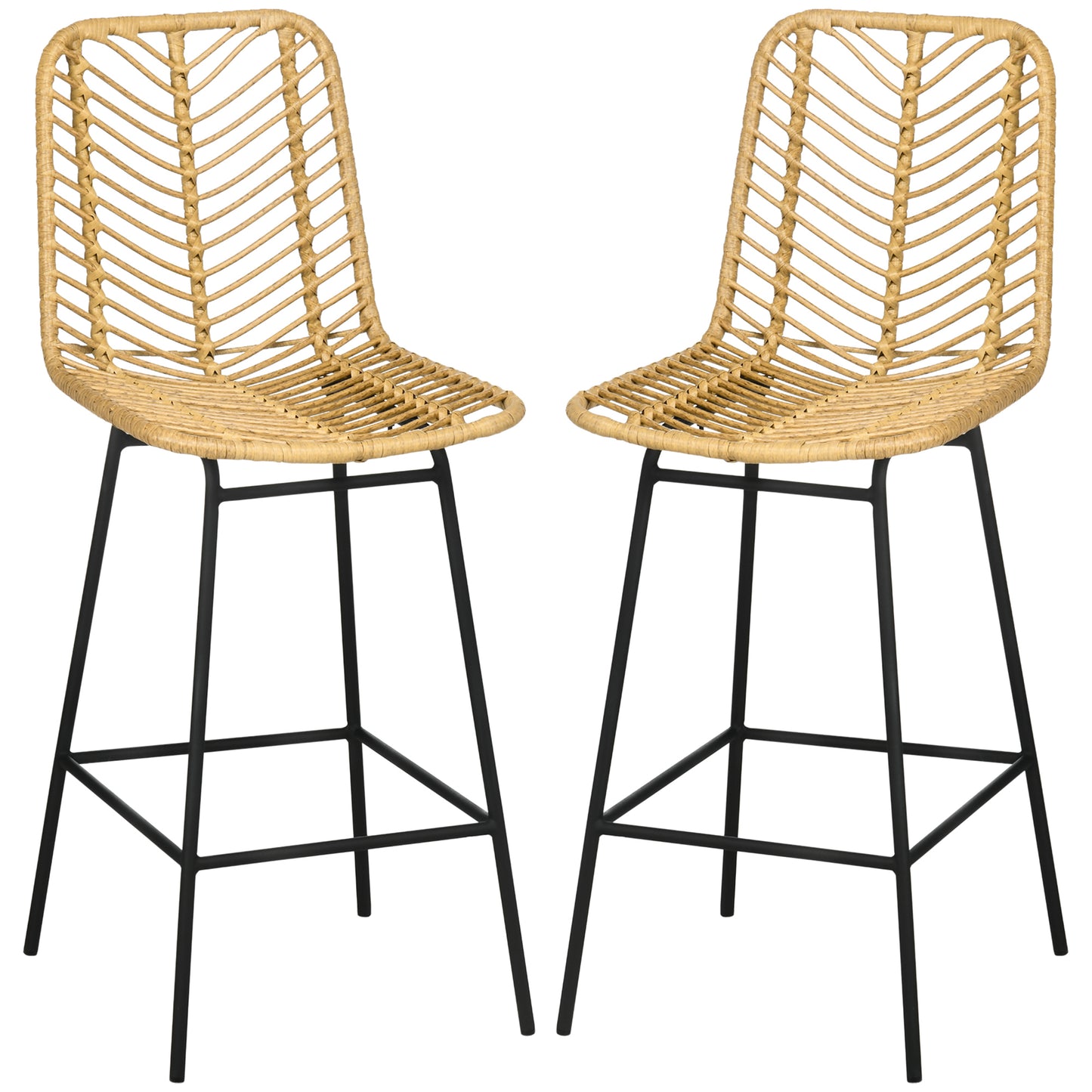 Two natural rattan bar stools with black metal legs perfect for modern kitchens