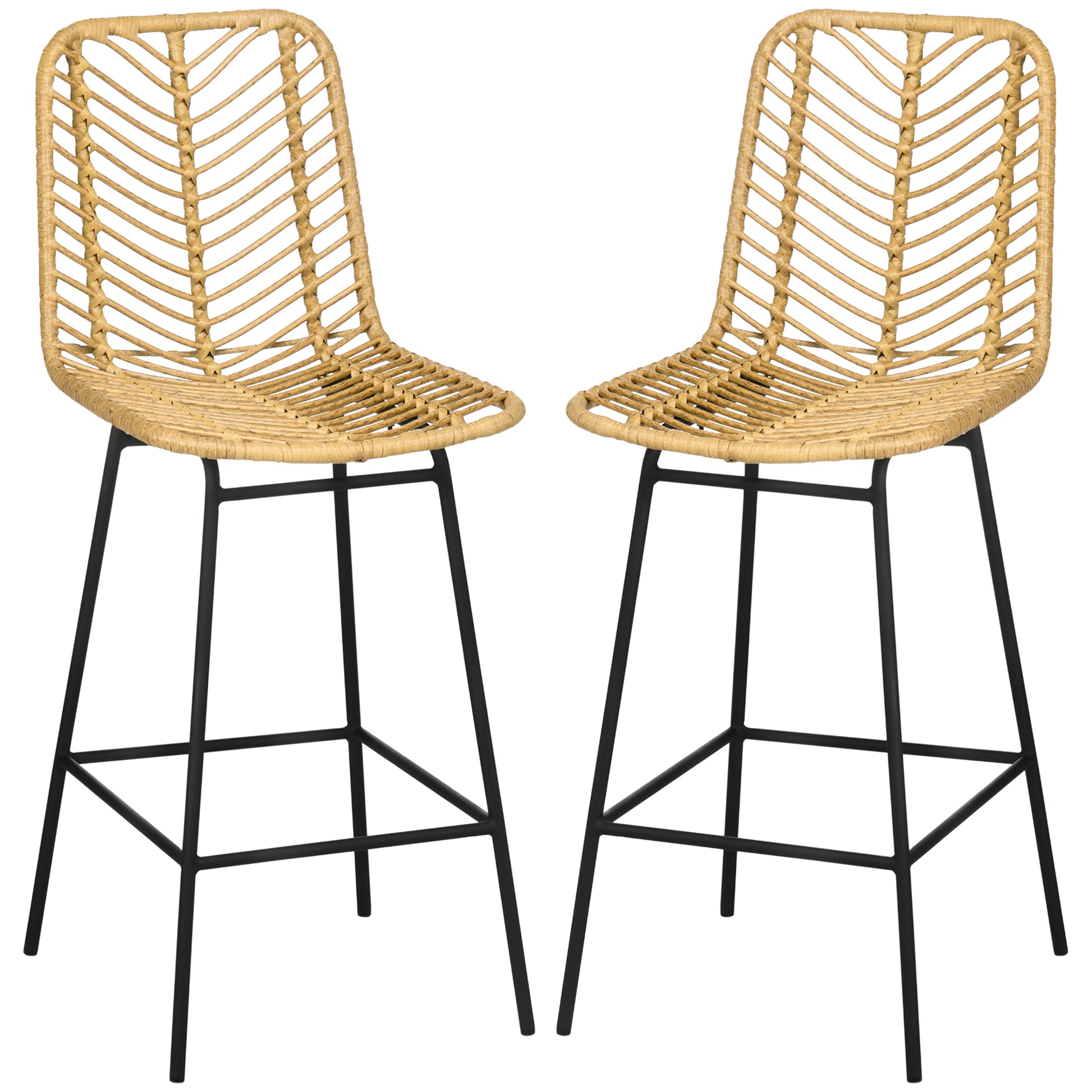 Two natural rattan bar stools with black metal legs perfect for modern kitchens