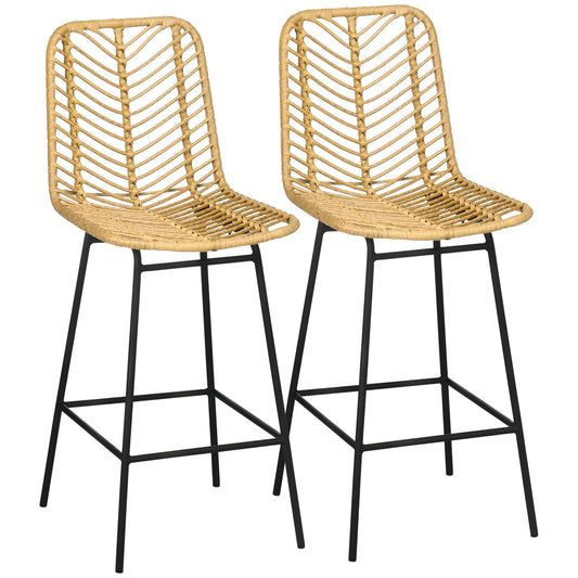 Natural rattan bar stools with black metal legs set of two modern design