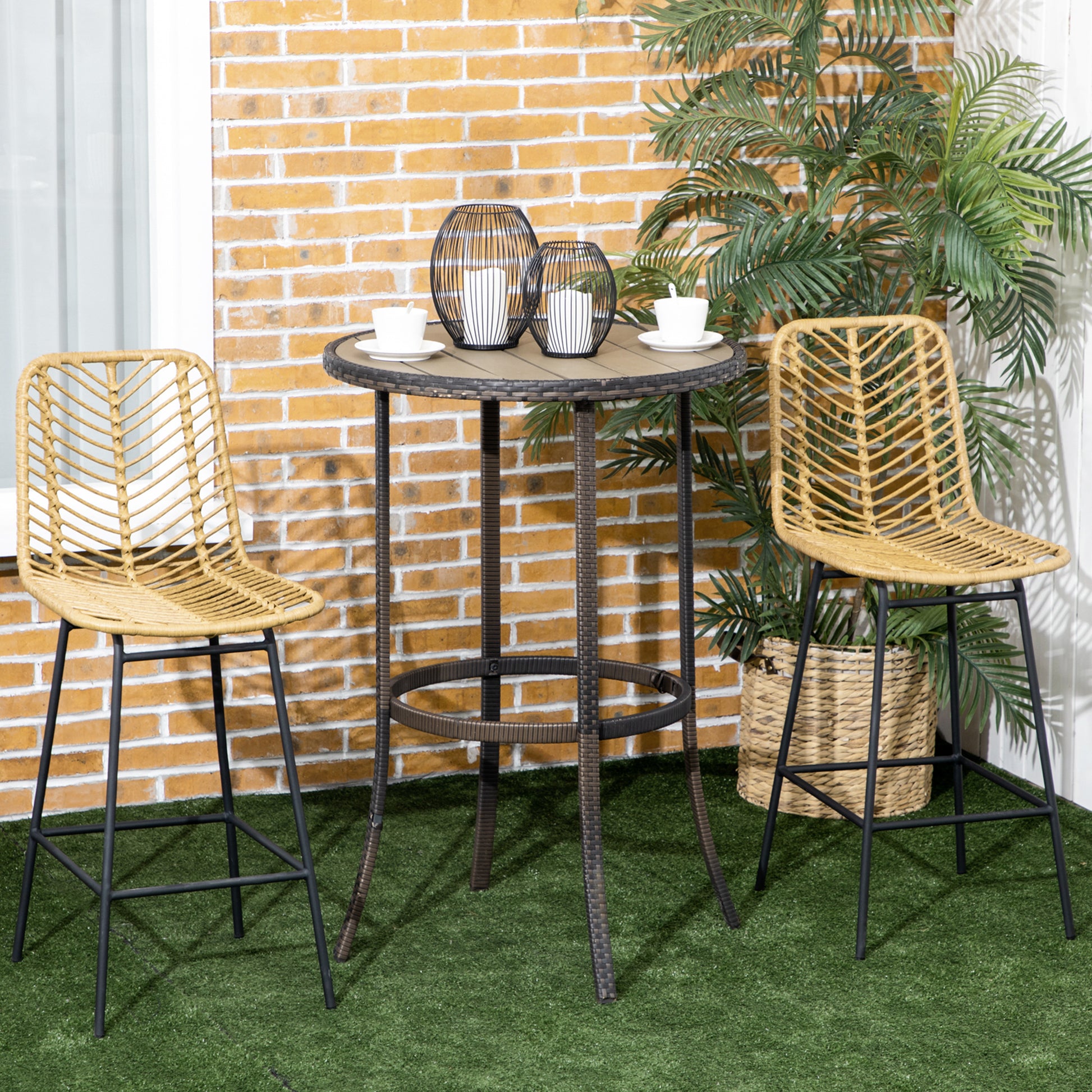 Brown rattan bar stool with black legs and woven seat perfect for outdoor patios