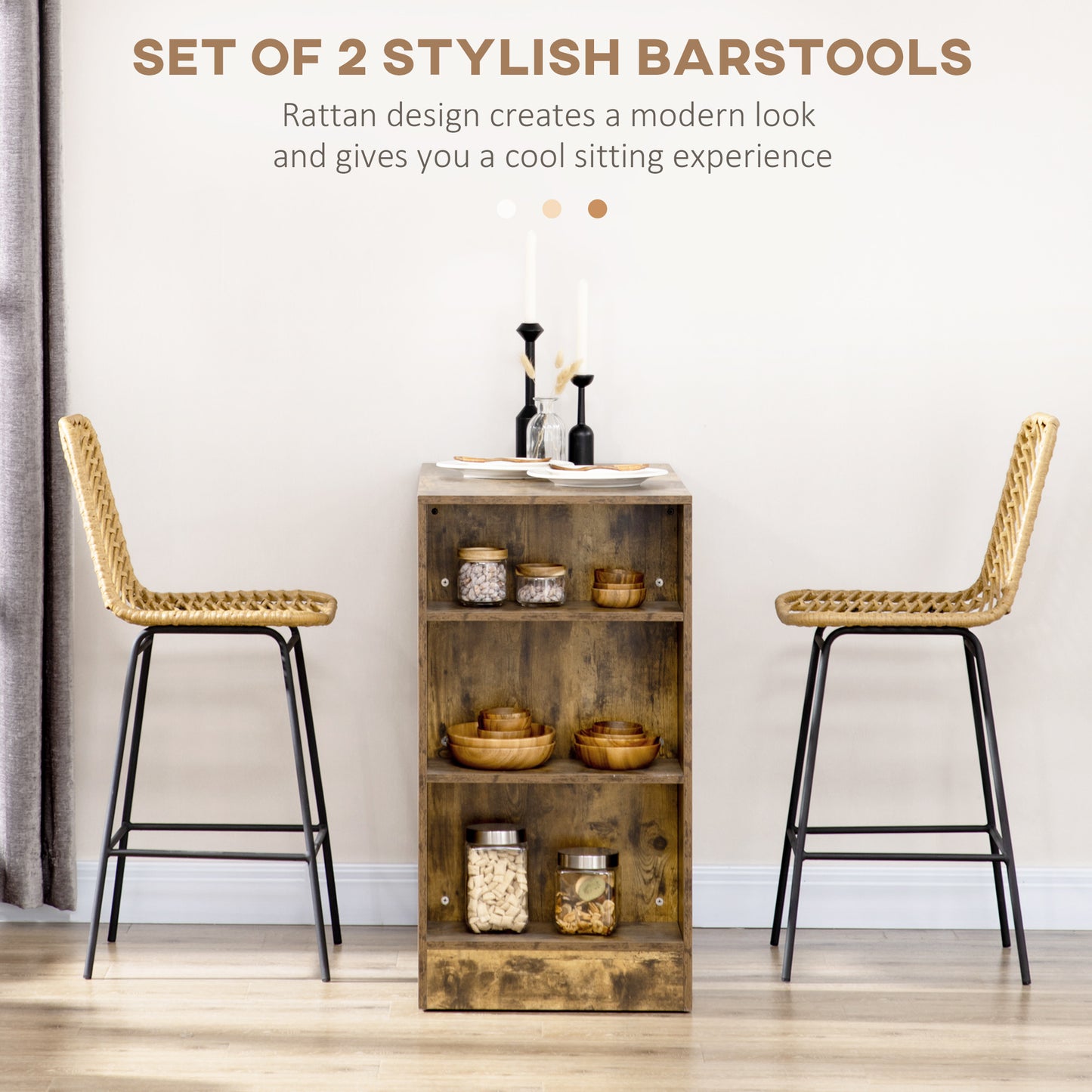 Set of  woven rattan bar stools with black metal legs ideal for a modern kitchen