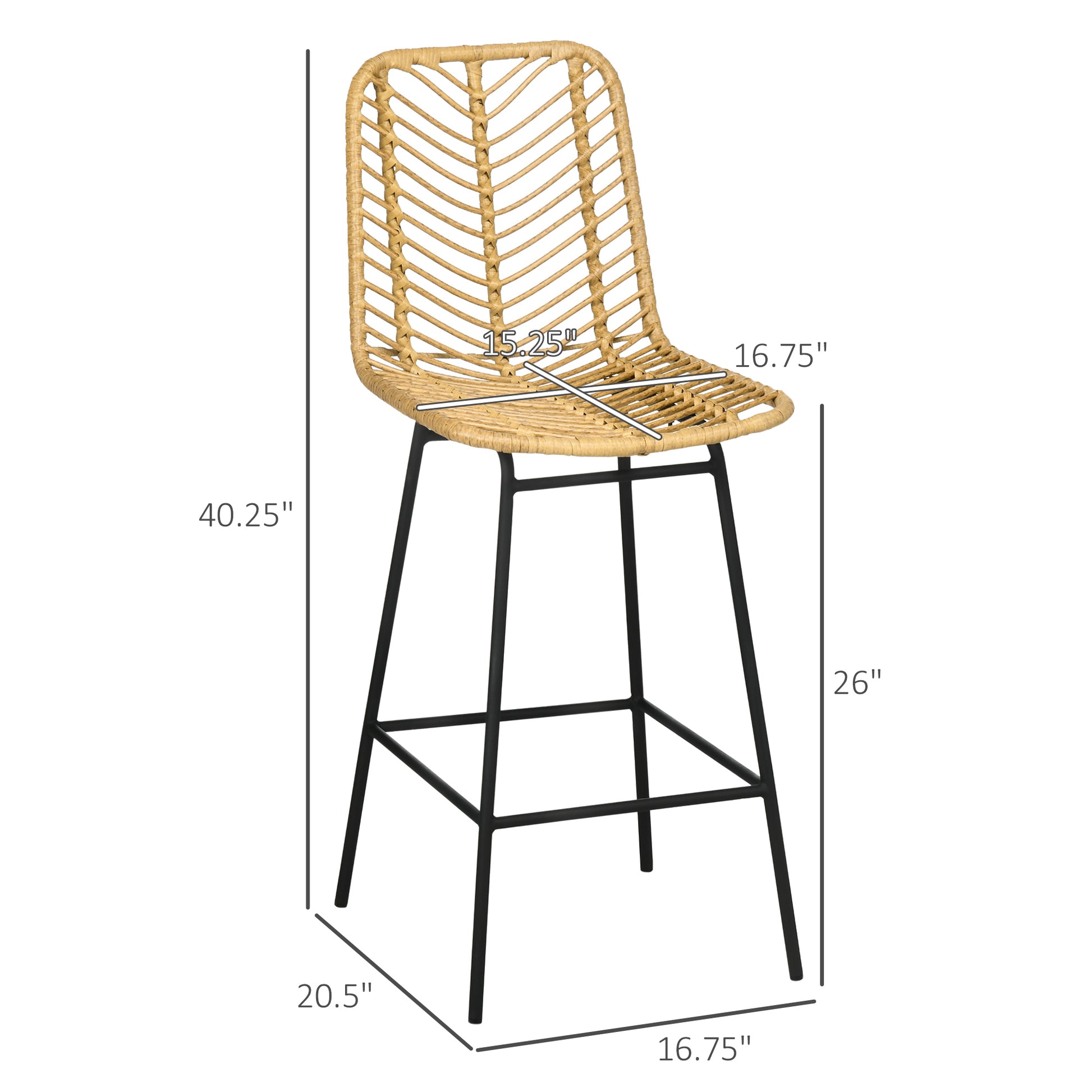 Natural rattan bar stool with black metal legs and woven seat design
