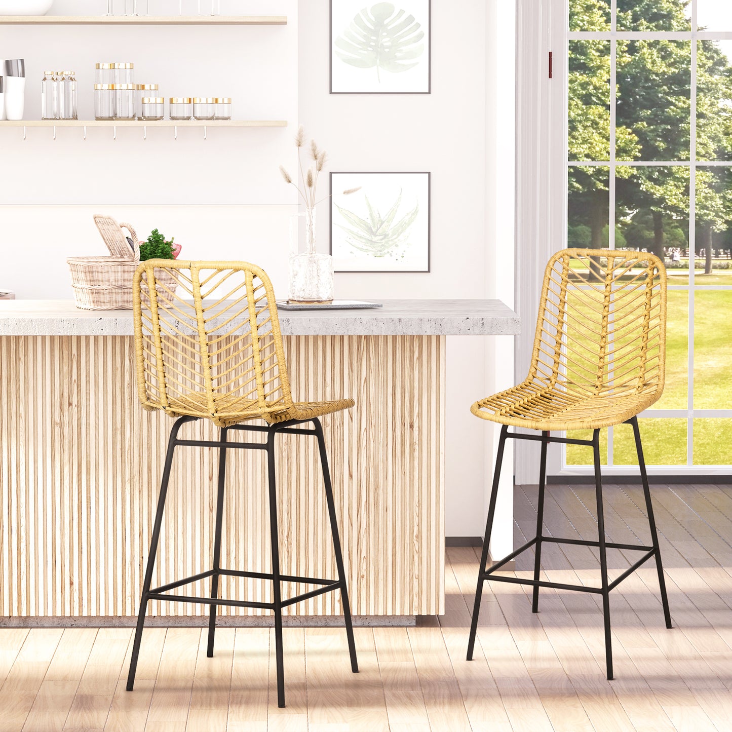 Woven yellow rattan bar stool with black metal legs and a striking herringbone backrest