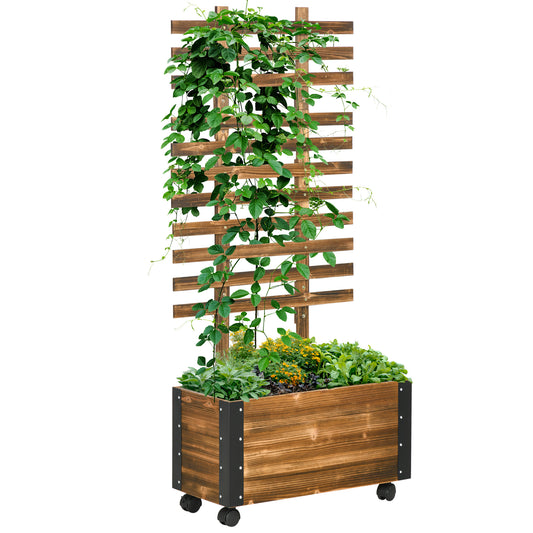 Wooden planter box with trellis supporting climbing vines and mixed herbs