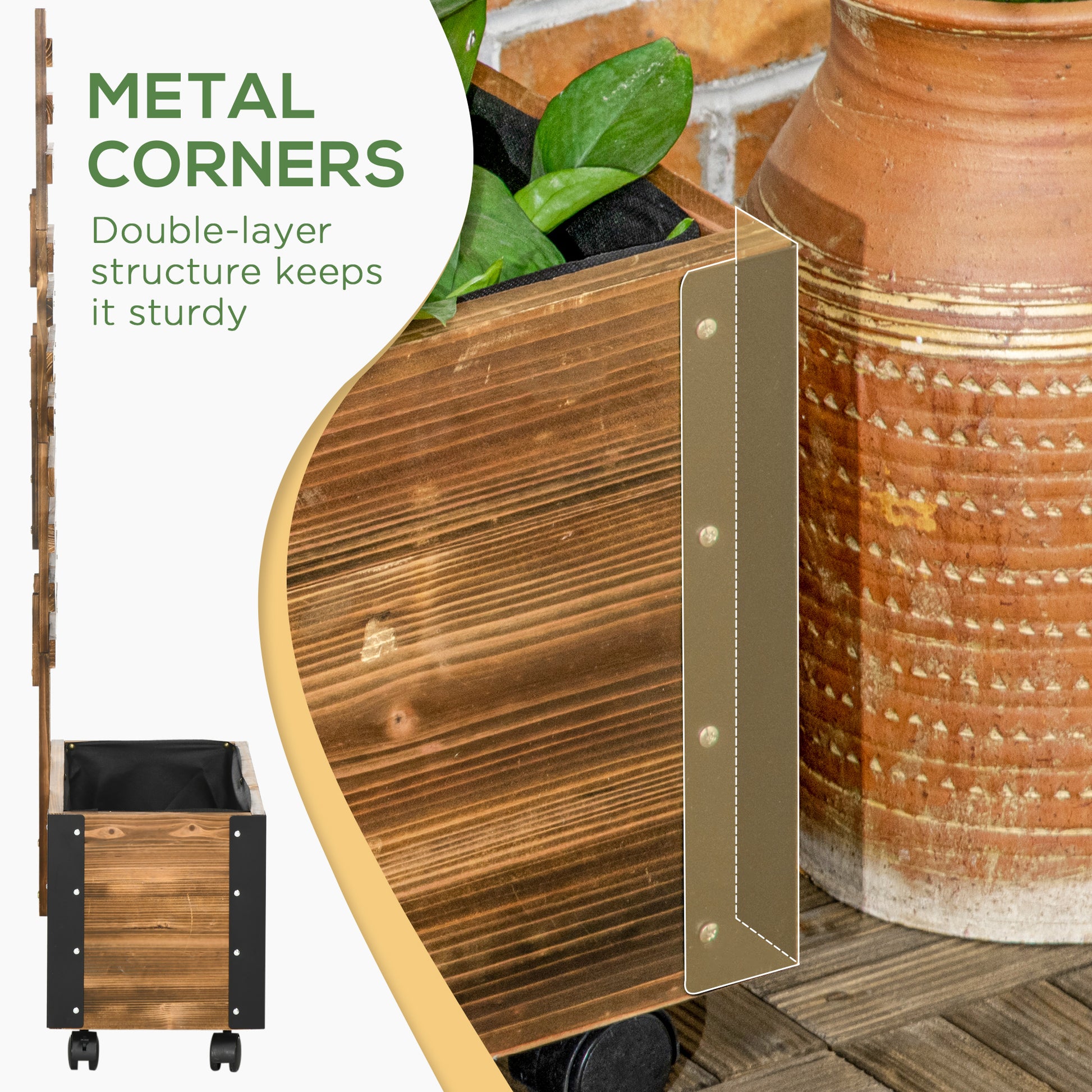 Rustic wooden planter with metal corners ideal for outdoor gardening