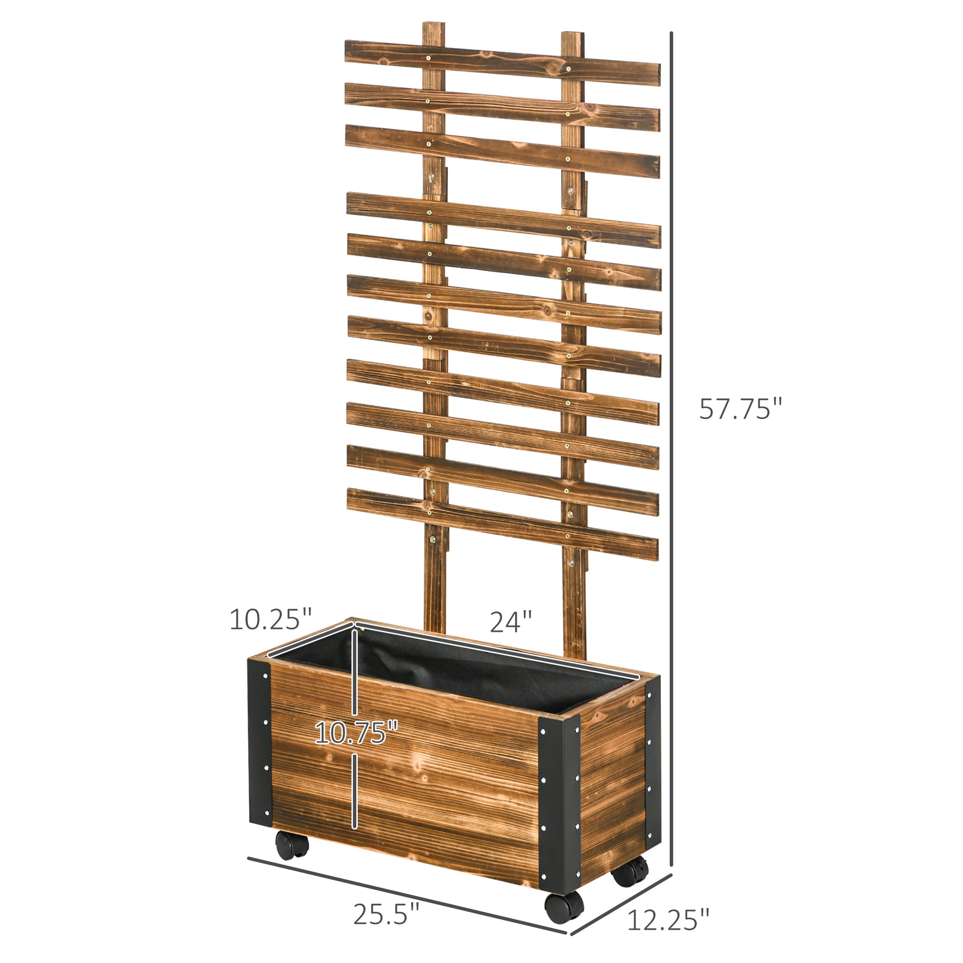 Wooden planter box with attached trellis and wheels ideal for outdoor gardening