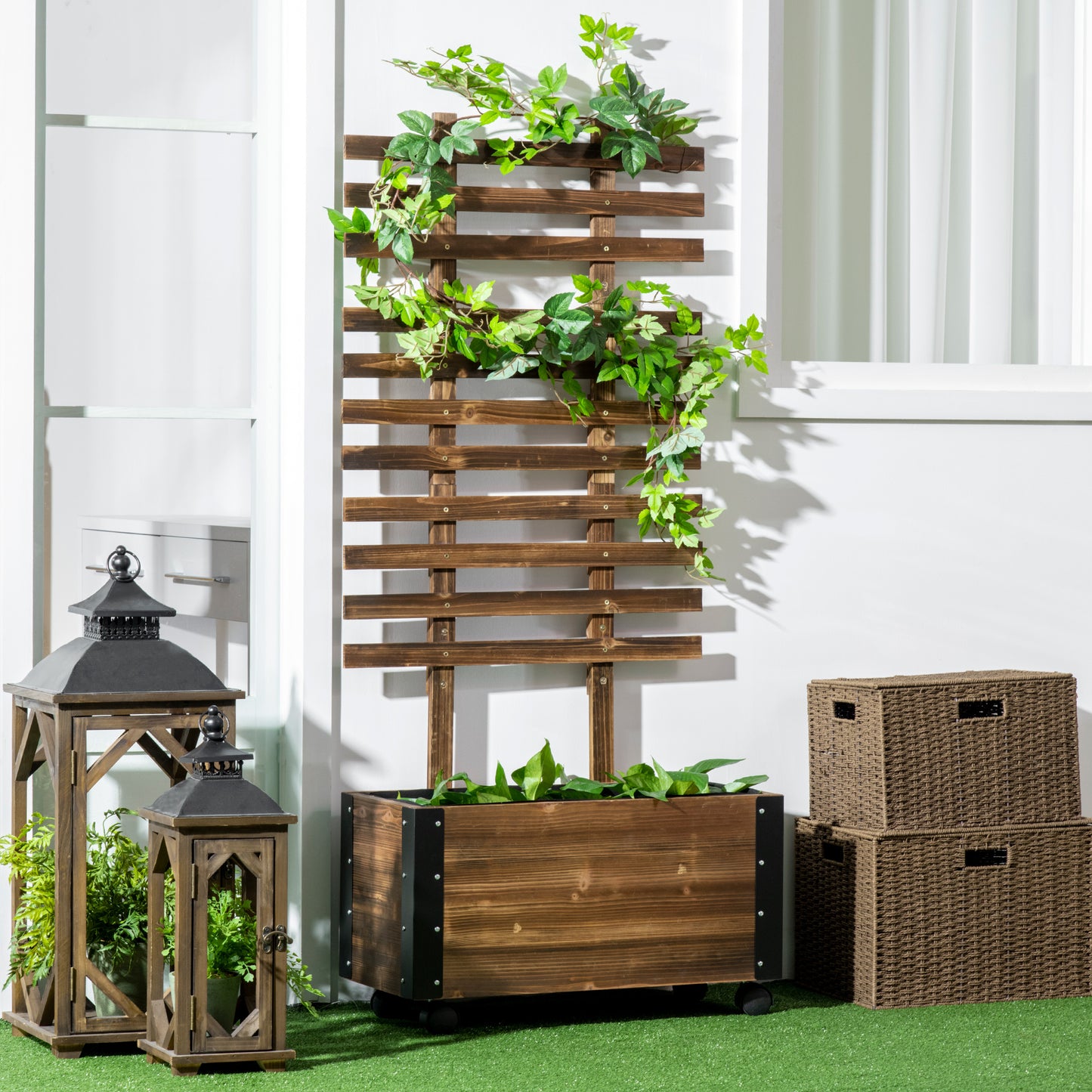 Wooden planter box with attached lattice trellis for climbing plants rustic design