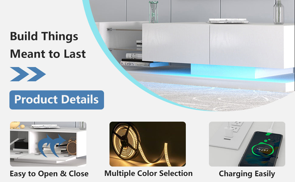 White modern media console with integrated blue LED lighting for living room