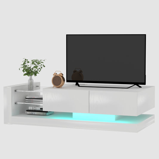 Modern white TV stand with LED lighting and a flatscreen TV